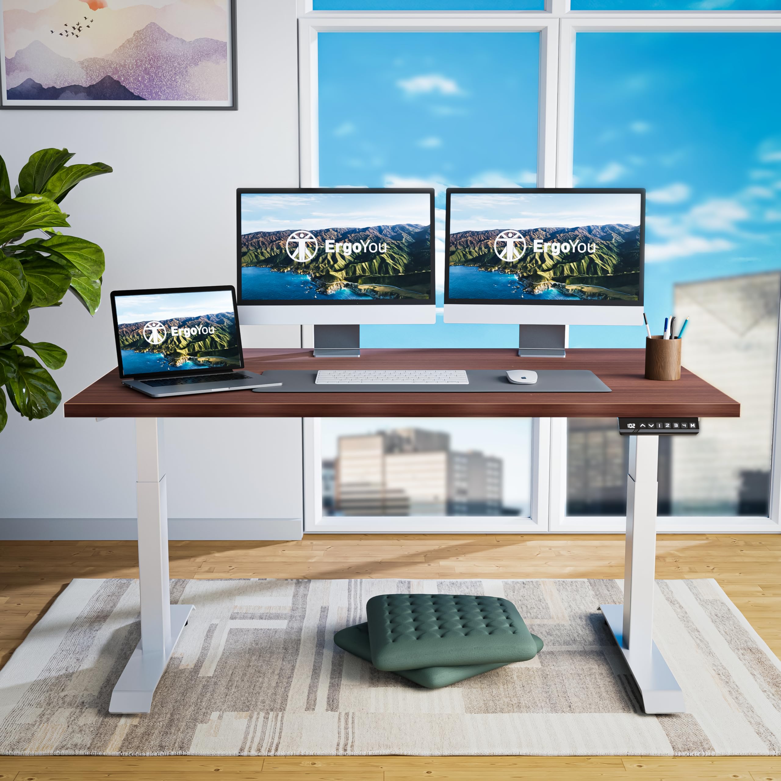 ErgoYou - Premium Electric Height Adjustable Standing Table - Heavy Duty - Dual Motor 2 Stage - 150 Kgs Max Weight Capacity - E2 Series - Ergonomic Sit Stand Desk (Walnut: 750 X 1500 mm)