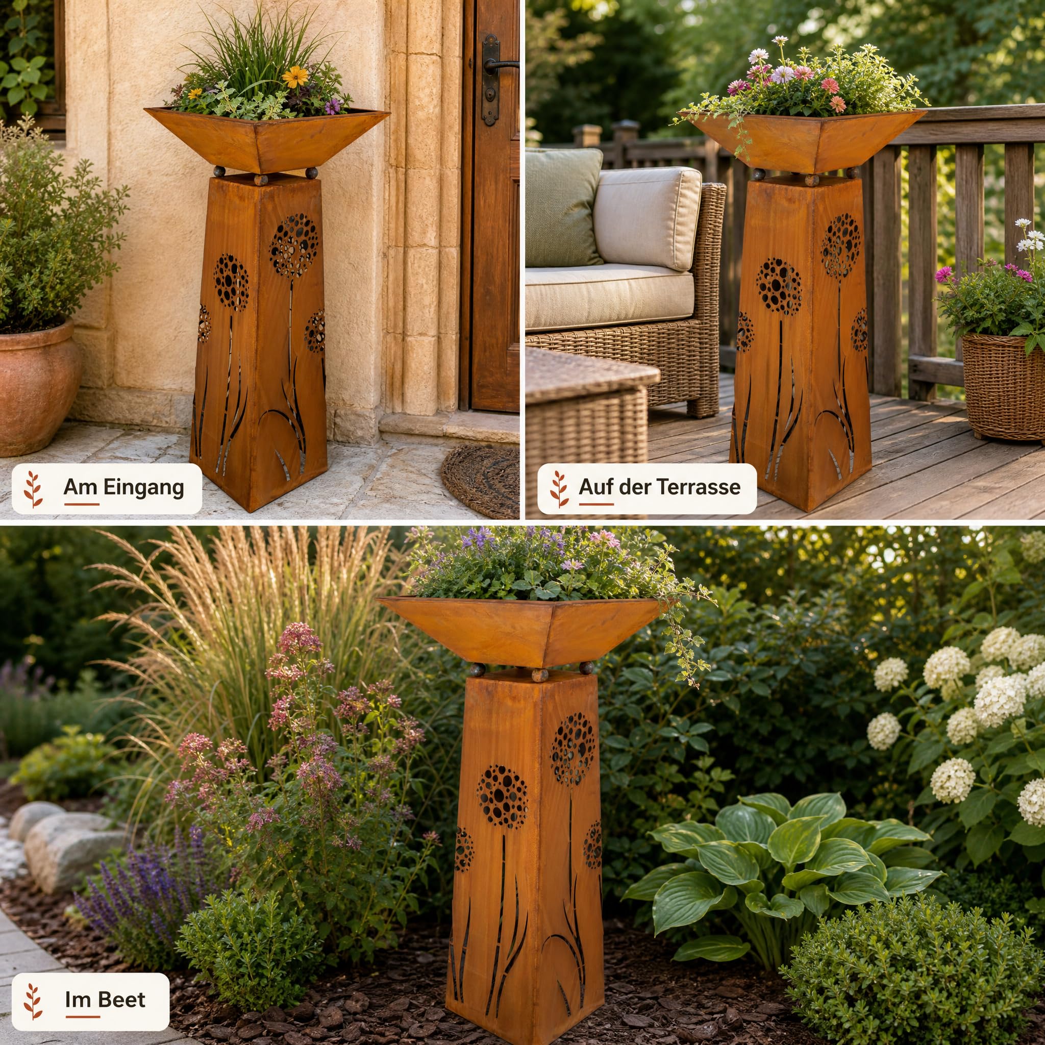 Rostikal Edelrost Pflanzsäule mit Schale 120 cm – Rostige Gartendeko mit Pusteblumen-Motiv – Handgefertigter Blumenständer mit eckiger Pflanzschale 50 x 50 cm - wetterfester Cortenstahl