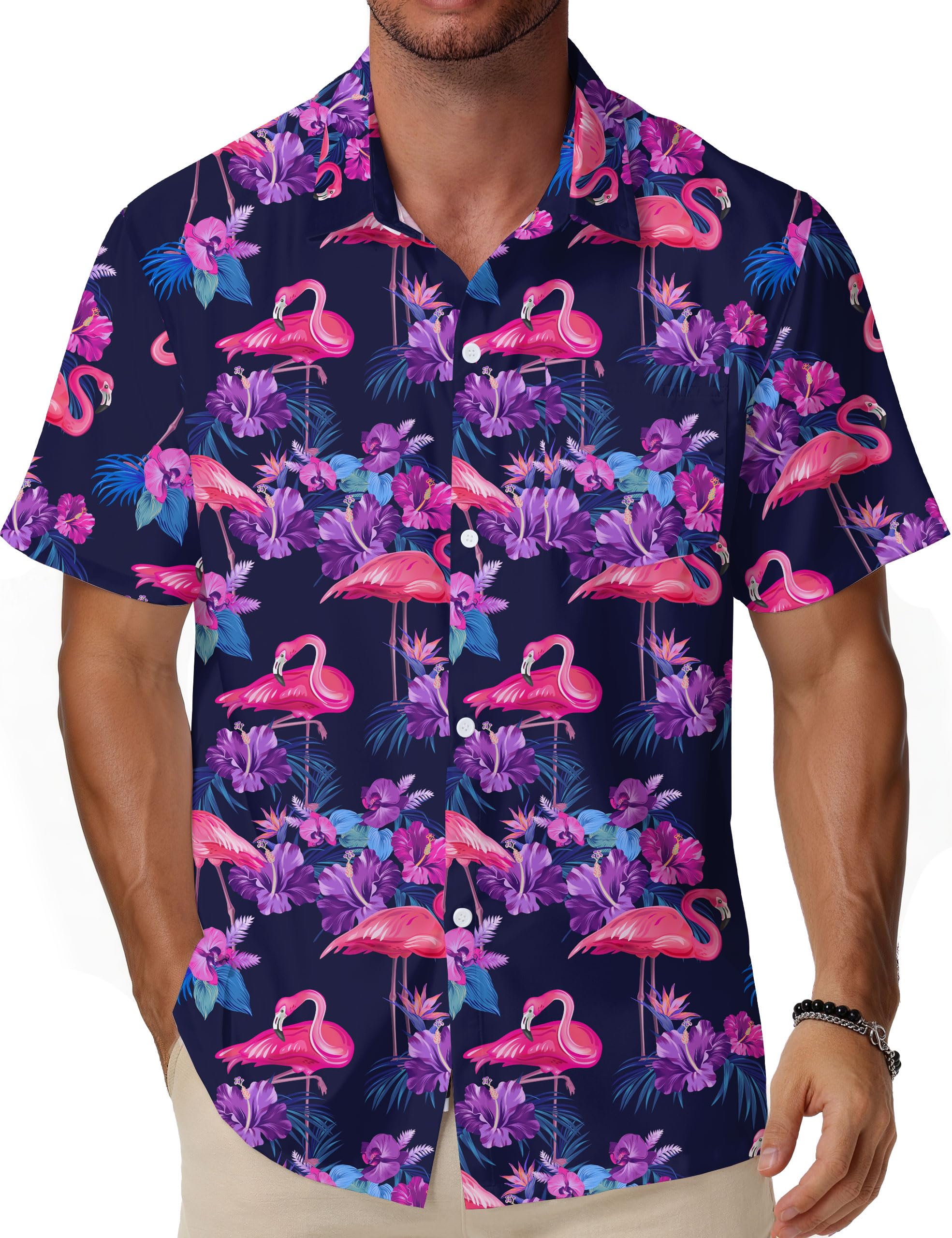WISMBOX Hawaiihemd Herren Kurzarm mit Brusttasche, Buntes Sommerhemd Regular Fit, Funky Aloha Strandhemd für Urlaub Freizeit & Party