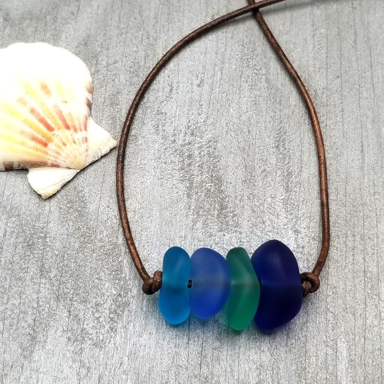 yinahawaii Updated Handmade Quad Blue Hawaii leather cord unisex sea glass necklace, (Hawaii Gift Wrapped, Customizable Gift Message)