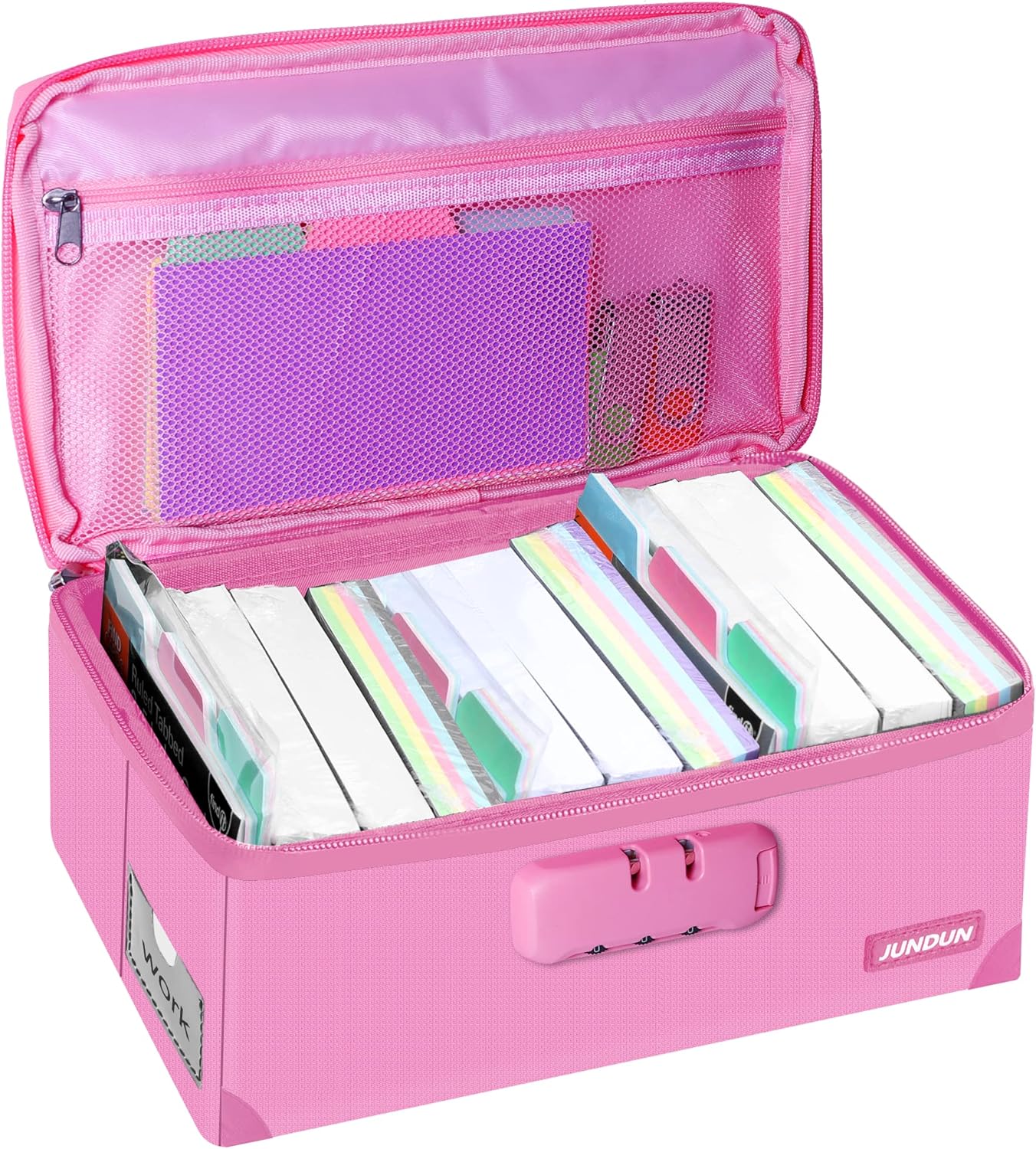 JUNDUN Index Card Holder with Lock,Collapsible Fireproof Index Card Box fits 1200 3x5-Inch Flash Cards - Business, Recipe, or Note Card Storage Boxes - Pink