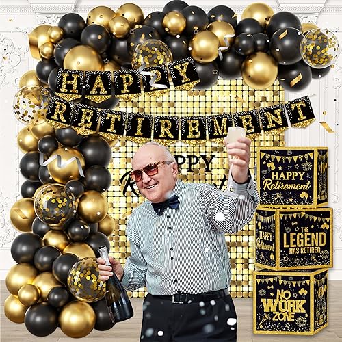Miniatura 7 de Decoración de fiesta de jubilación, regalos (22 unidades) pancarta dorada de feliz jubilación, 6 pompones de papel, 6 remolinos colgantes, 7