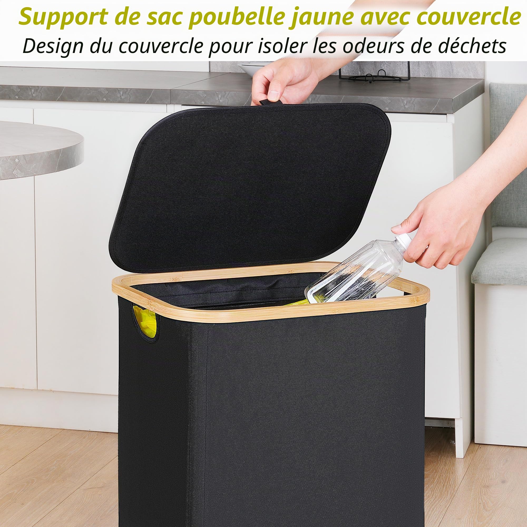 efluky Support pour sac poubelle jaune 100 l, avec couvercle, support pour sacs jaunes, retrait facile grâce à la porte à l'arrière, récipient pour cuisine et maison [sans poche intérieure] - Noir