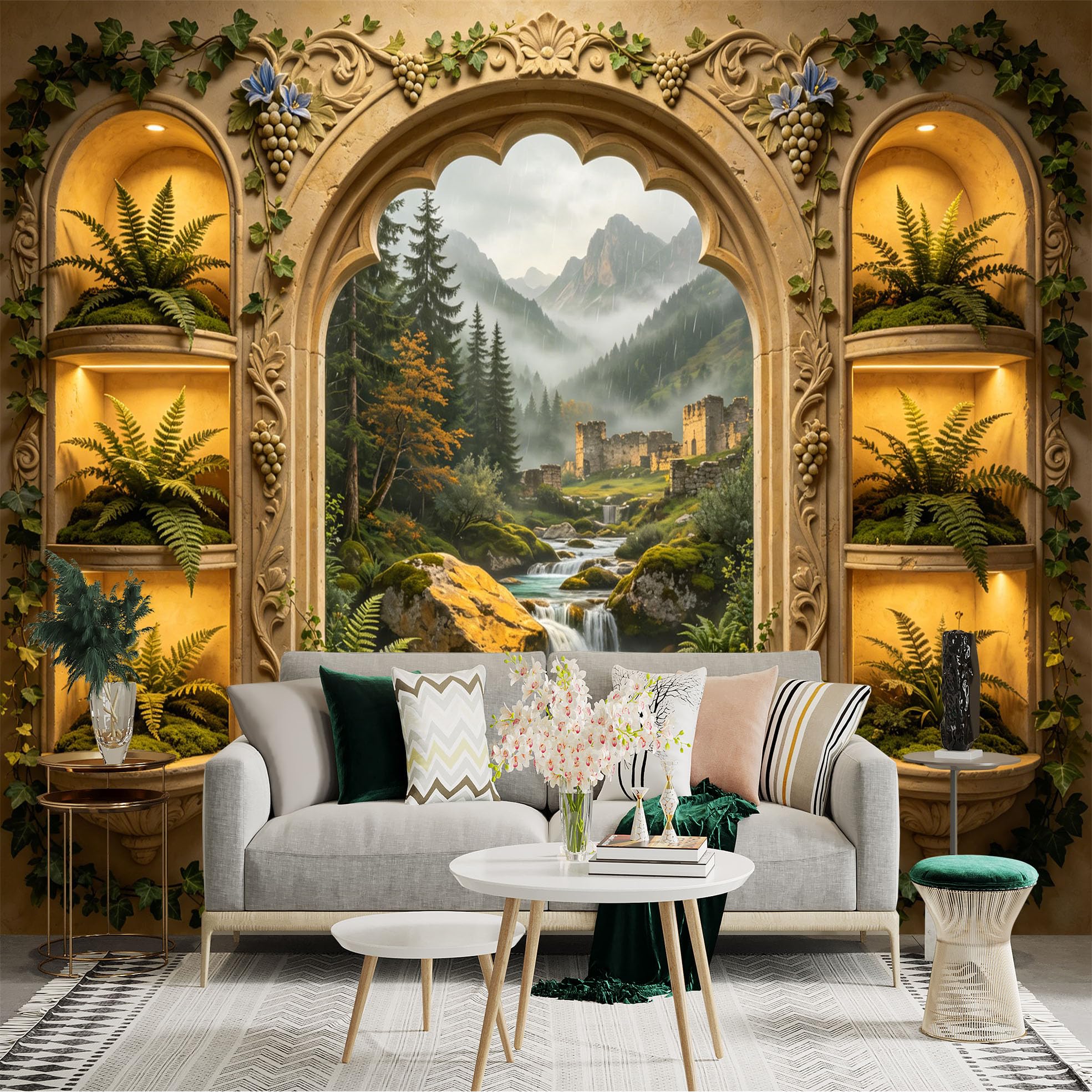 Custom Size Wall Sticker Mural， Medieval Castle View with River， Mountains and Lush Forest， for wall Decoration， peelandstick wall Decals.
