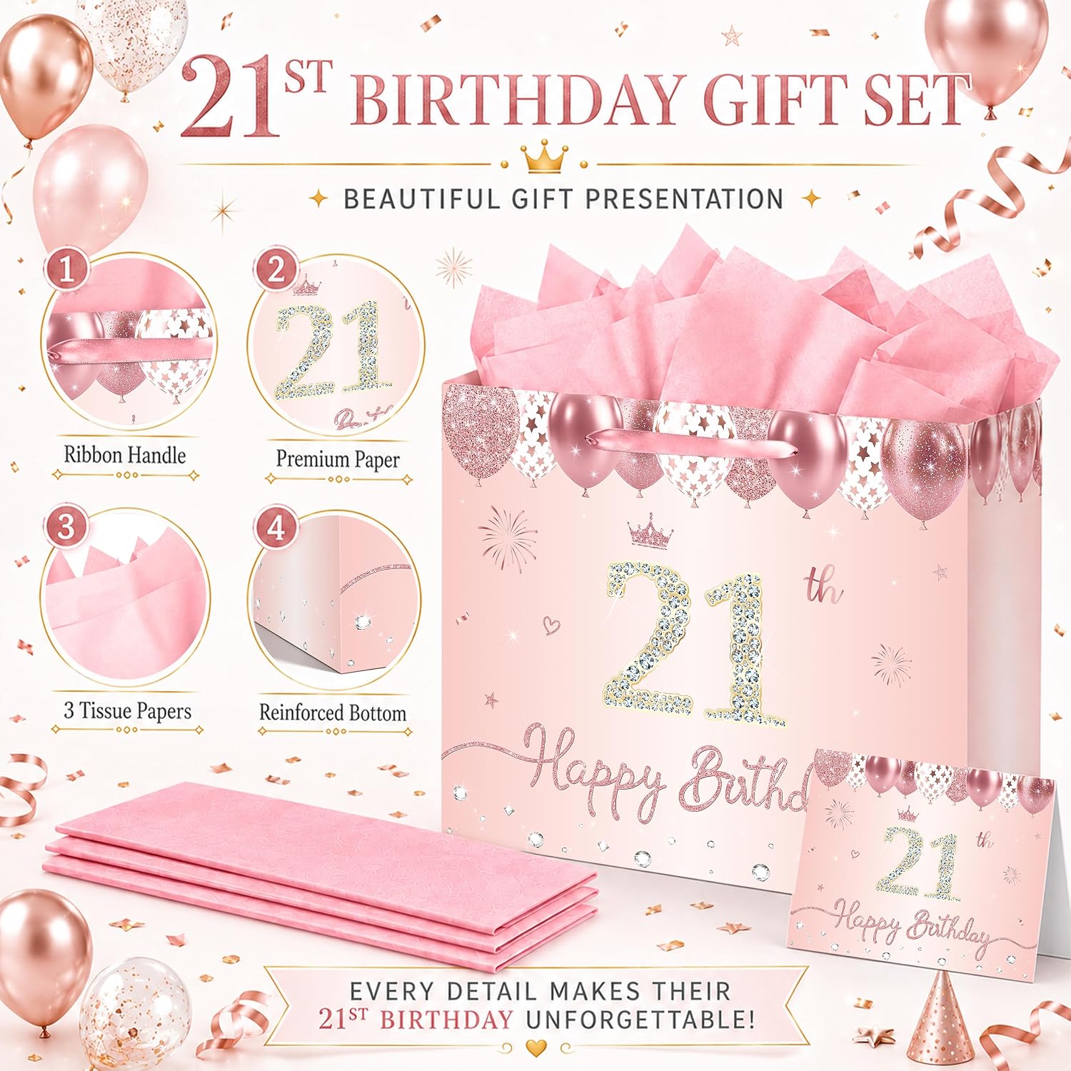JCTHKUKU Rose Gold 21st Birthday Gift Bag for Women, Large Birthday Gift Bag with Tissue Paper and Greeting Card, 21st Birthday Party Supplies for Daughter, Sister, Niece or Friend