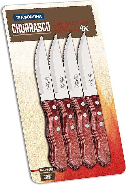 Tramontina Steak Knives Set - Rustic Wooden Red Jumbo Kitchen Knives Set - Set of 4 Professional Large Serrated Steak Knife - Perfect for Large Juicy Steaks and Barbecue