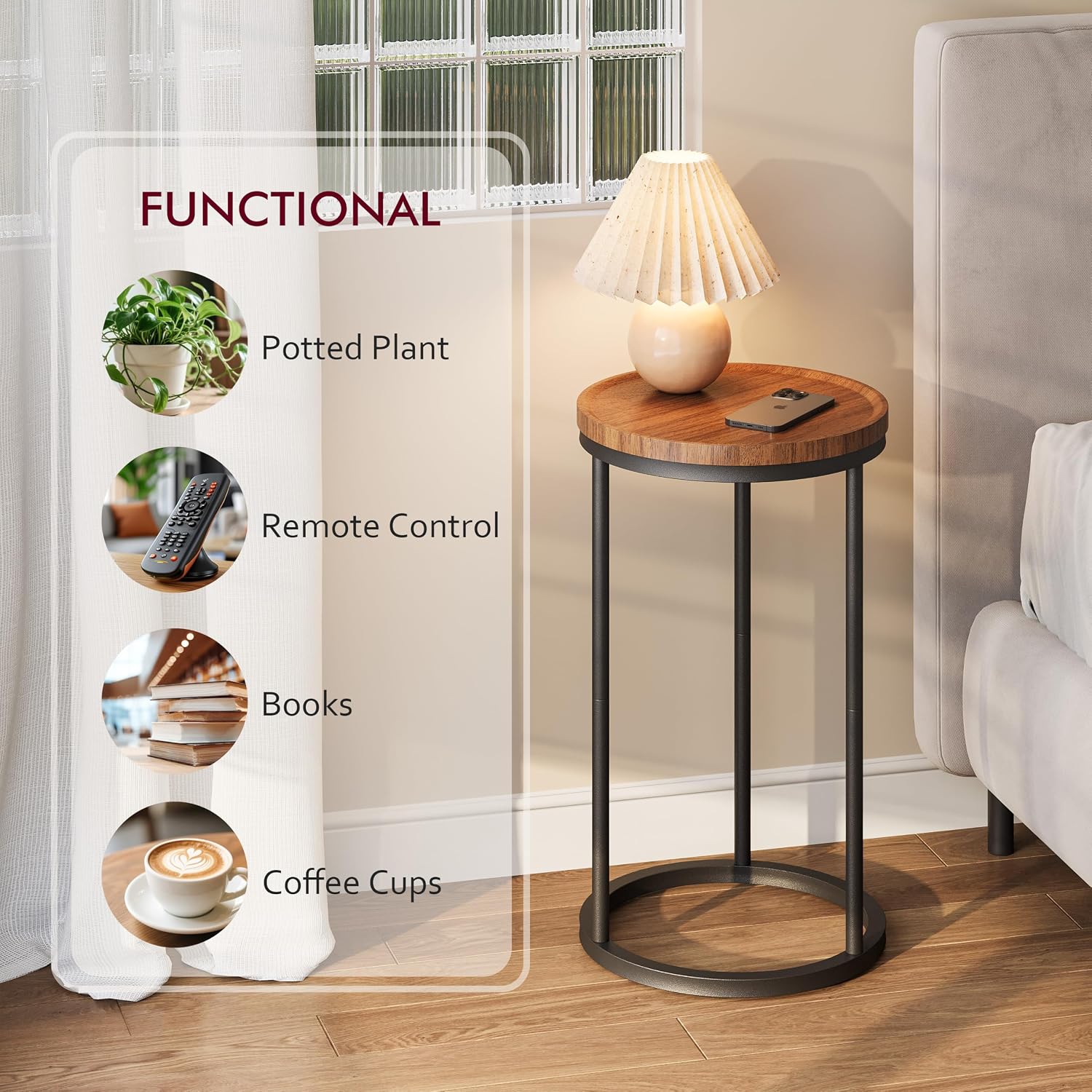 YAUKOMEL Small Round Side Table,Round Sofa End Table Walnut