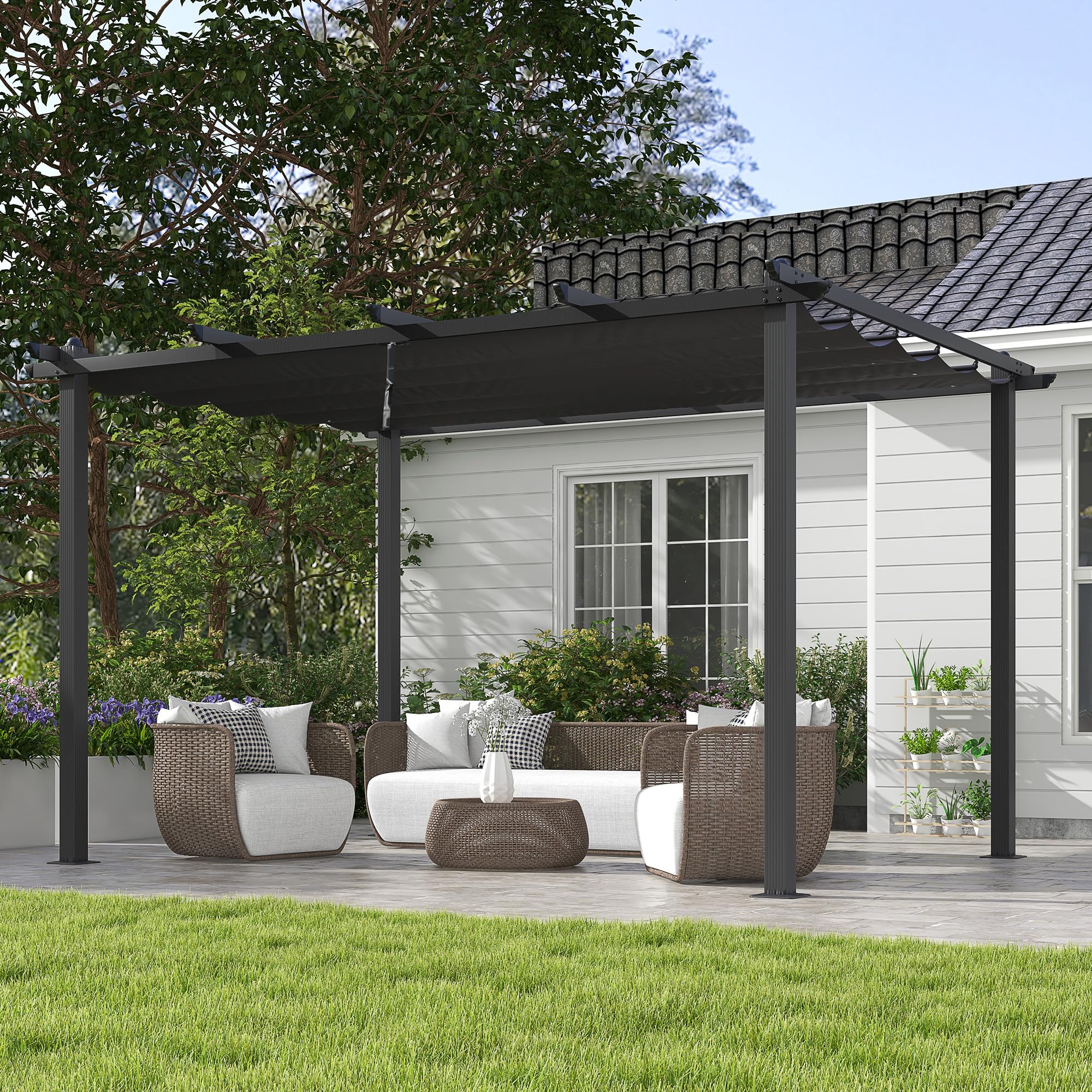 Outsunny Gazebo per Giardino 4x3 m con 8 Fori di Drenaggio, Picchetti e Viti, Pergola in Metallo, Alluminio e Poliestere, Grigio Scuro
