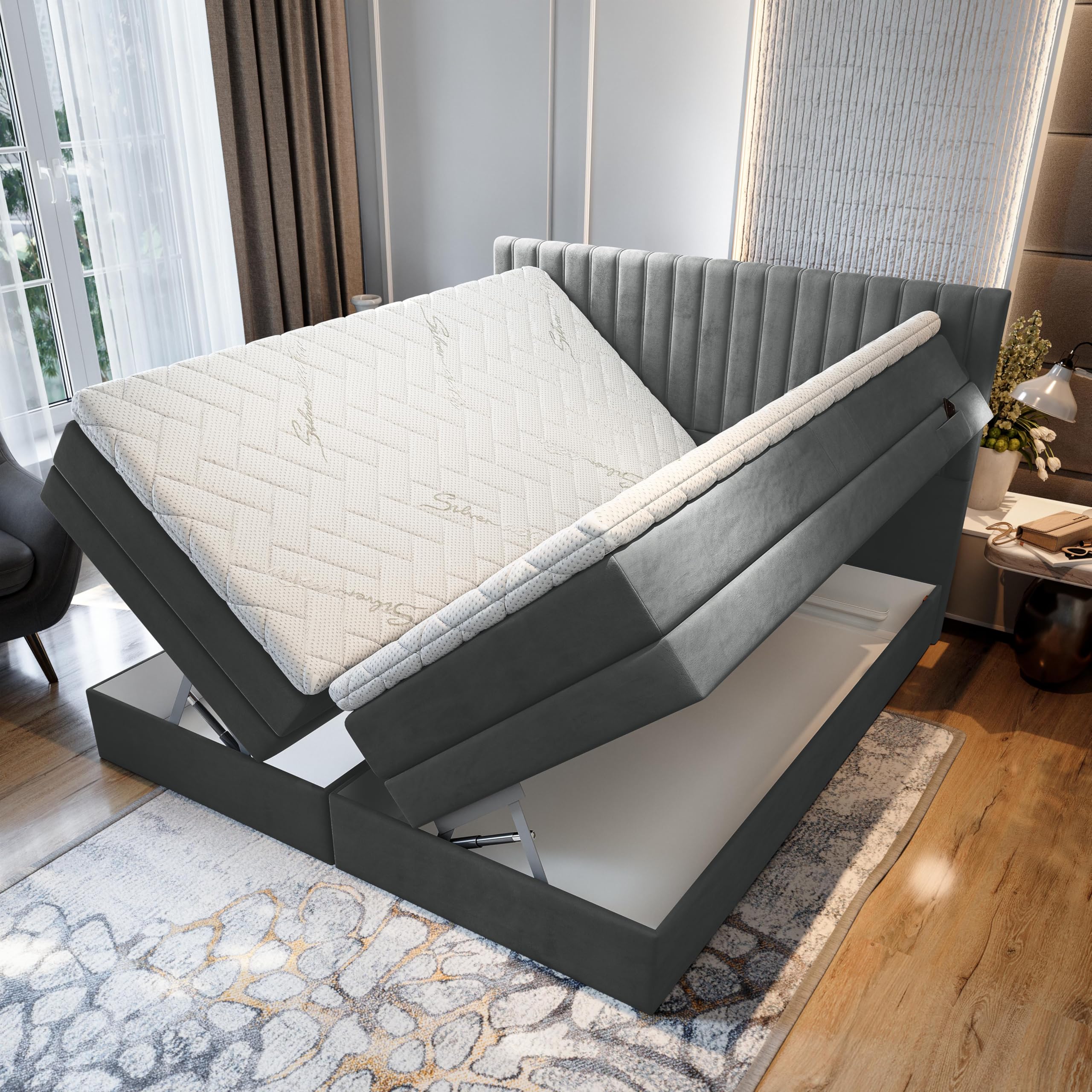 TRADA Lit Adulte ADÈLE - Ensemble Matelas+sommier Relaxation électrique avec Matelas Ressorts ensachés, Rangement et surmatelas en Tissu Velours (Gris foncé, 160 x 200)