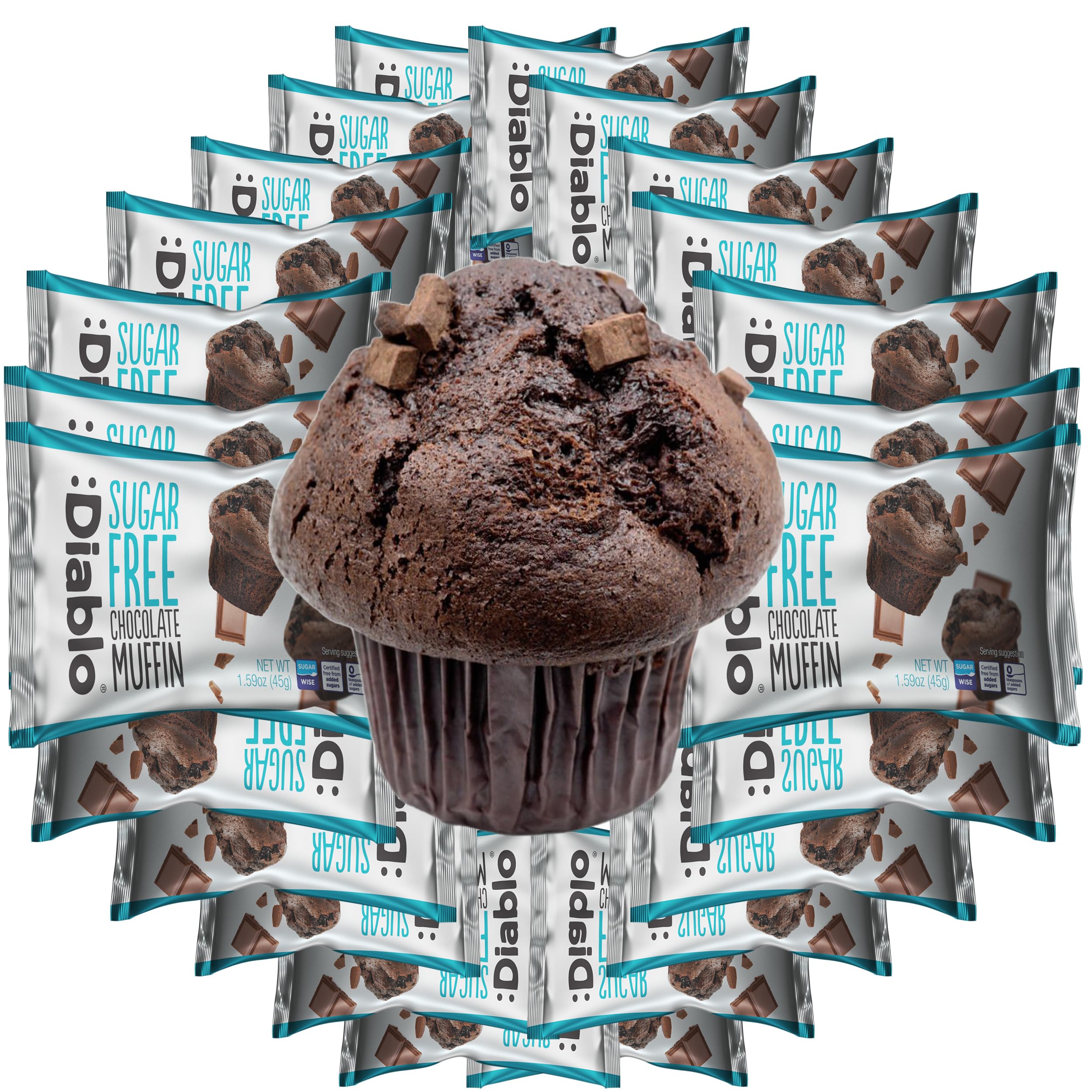 Diablo Sugar Free Chocolate Muffin Cupcake - Sweetened with Maltitol, Halal & Kosher Approved, Sugar Free Snacks - Perfect for Gifting, Birthdays, Special Occasions - 45g Each, Pack of 24