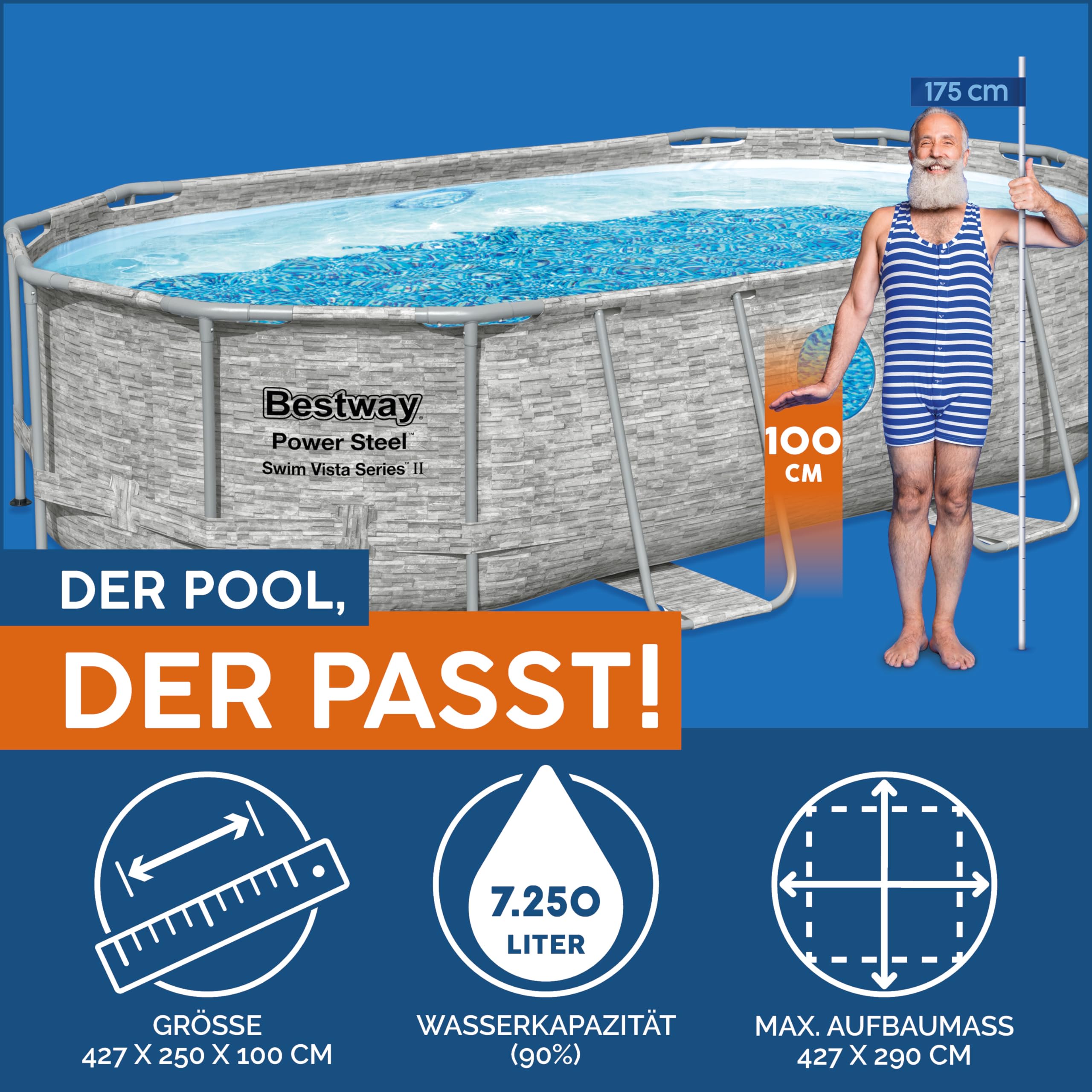 Bestway Power Steel Swim Vista Series Frame Pool Komplett-Set 427 x 250 x 100 cm Steinwand-Optik Cremegrau oval