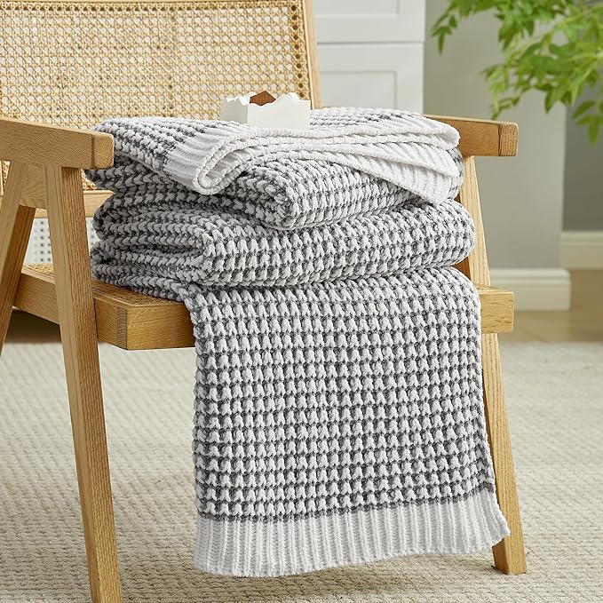 Amélie Home Waffle Chenille Throw Blanket for Couch, Pineapple Stitch Knit Soft Cozy Knit Blanket Decorative Throw for Sofa, Chair, 50"x60", Grey&Ivory