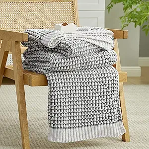 Amélie Home Waffle Chenille Throw Blanket for Couch, Pineapple Stitch Knit Soft Cozy Knit Blanket Decorative Throw for Sofa, Chair, 60"x80", Grey&Ivory