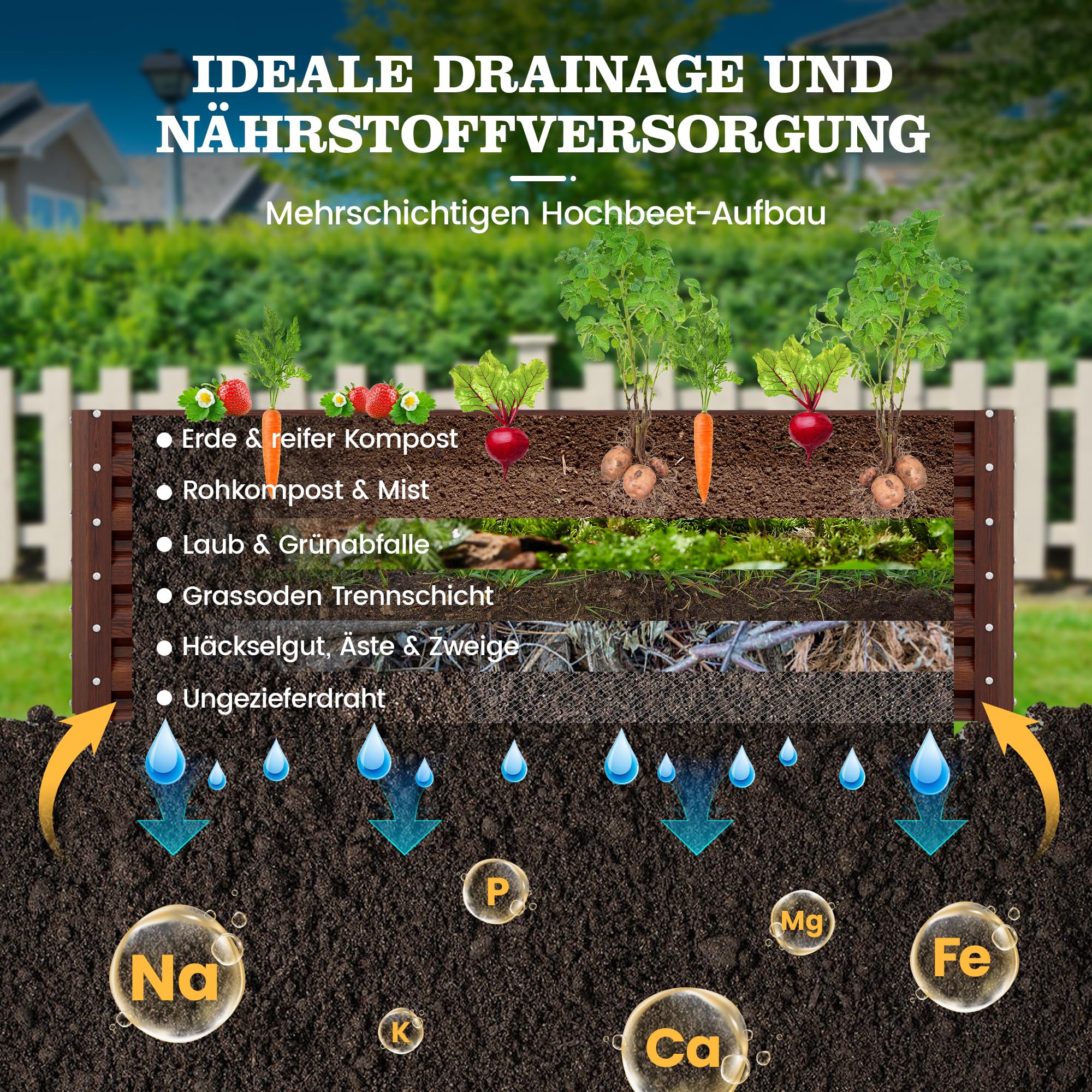 Amopatio Jardinière surélevée en Acier Galvanisé, Potager Extérieur/Balcon, Bac à Semis 1300L, 240 x 90 x 60 cm, Résistant aux Intempéries pour légumes, Fleurs, Acajou