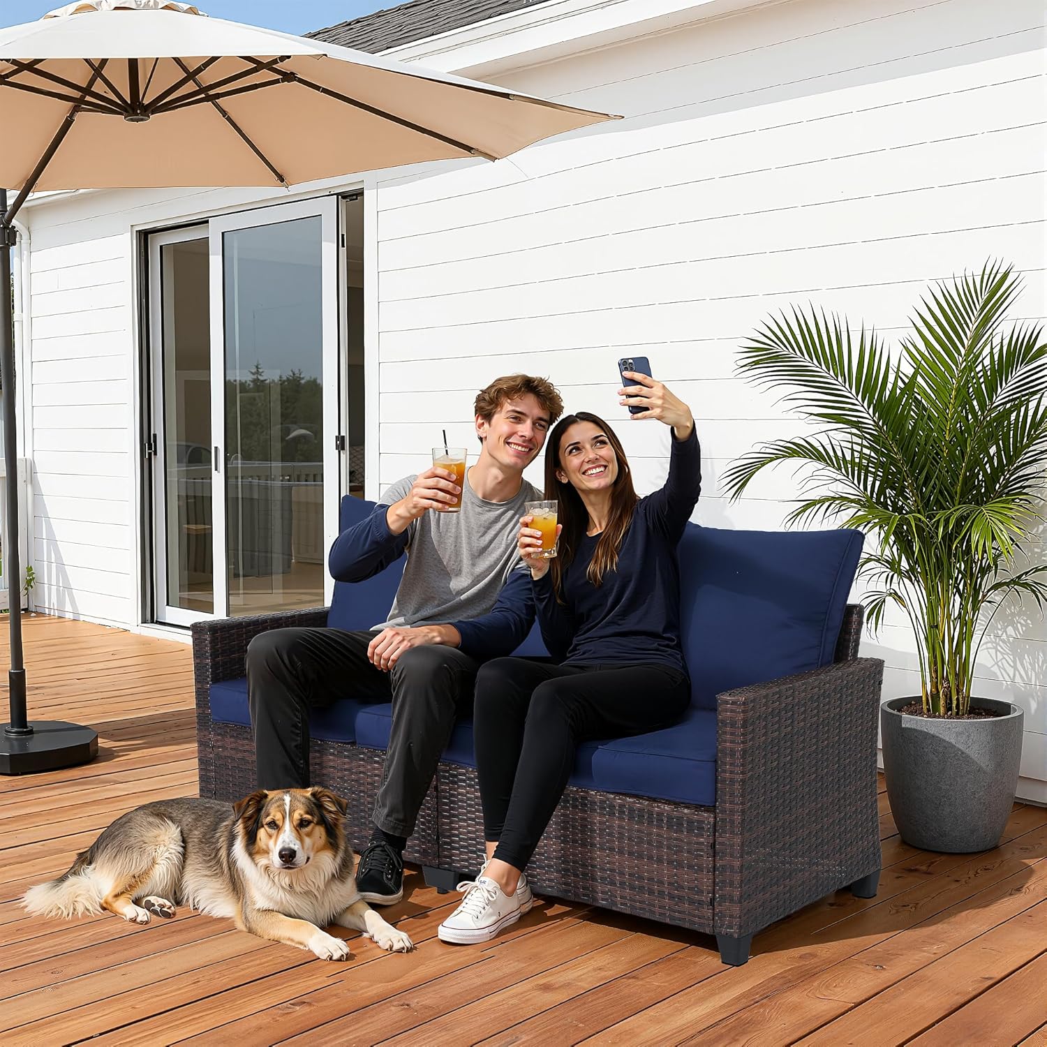 EortheX Outdoor Patio Sofa, 3-Seat Rattan Wicker Couch for Garden Deck or Porch, Comfortable All-Weather Patio Furniture with Anti-Slip Cushions (Blue)
