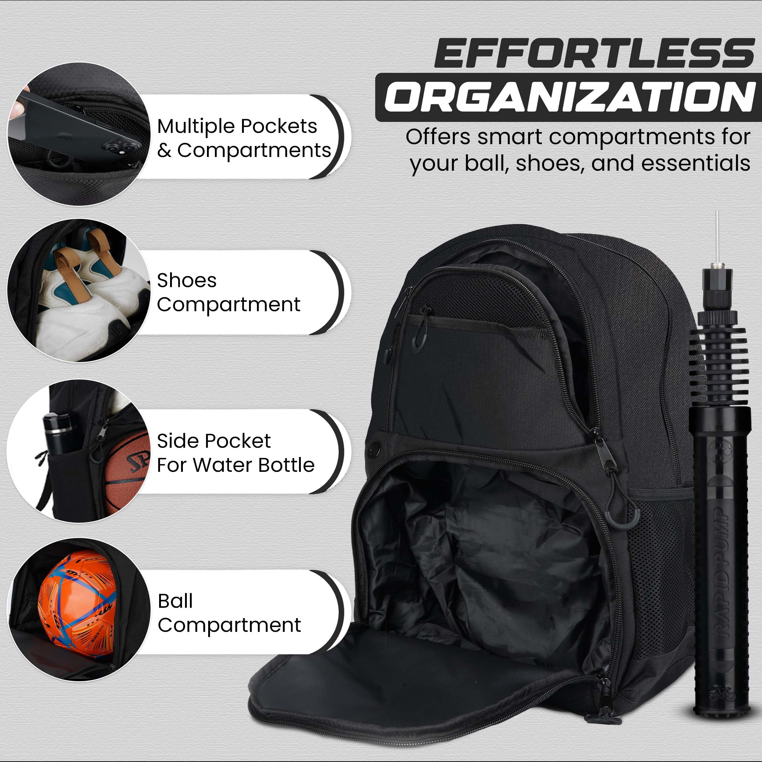 Soccer & Basketball Sports Bag with Ball Pump - Basketball Backpack with Separate Ball & Shoes Holder Compartment, Soccer Basketball Football & Volleyball Bag with Large Capacity