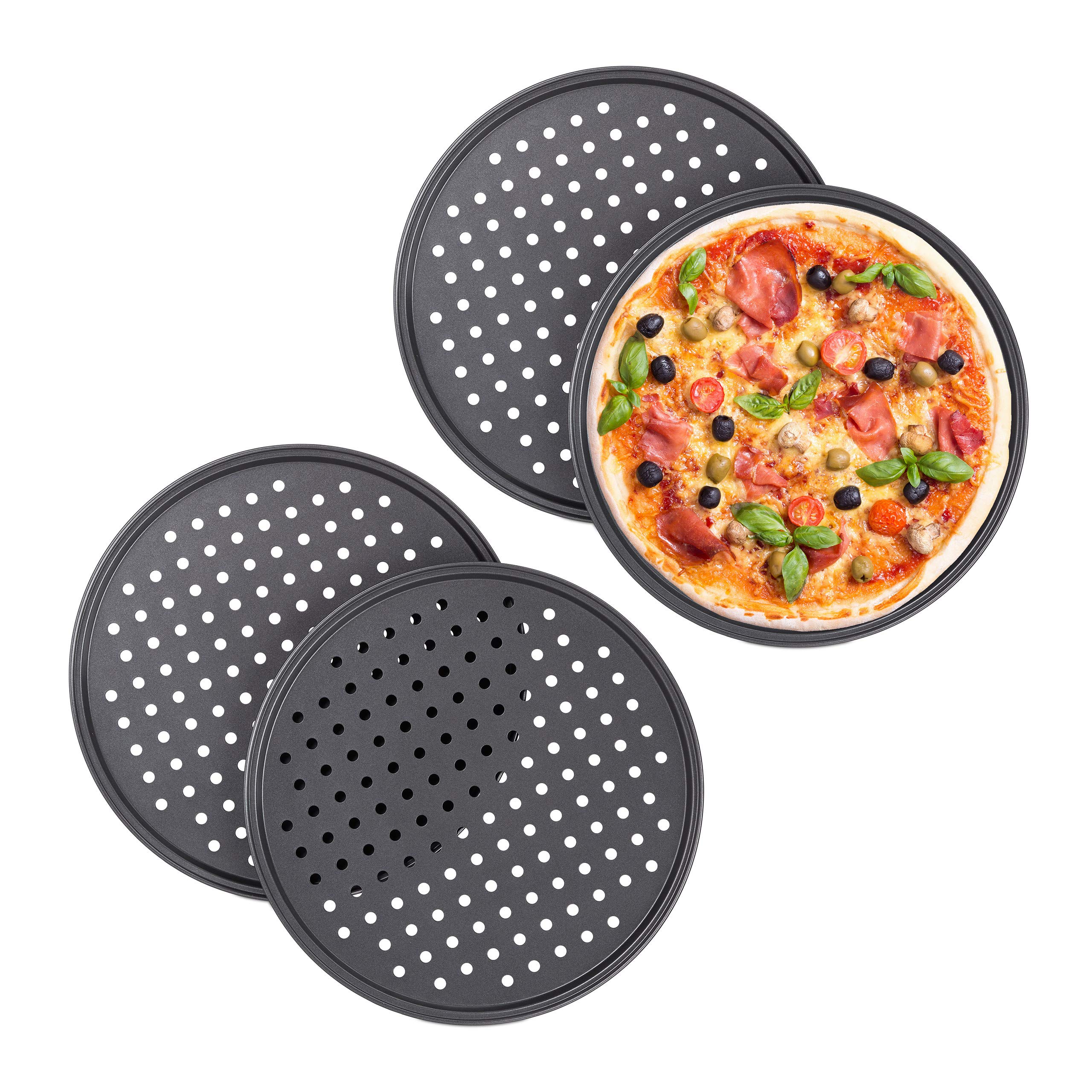 Set 20 Bandejas Pizza, Redondas, Moldes Horno Perforados, Antiadherentes, ∅32 cm, Acero, Masa Casera, Antracita