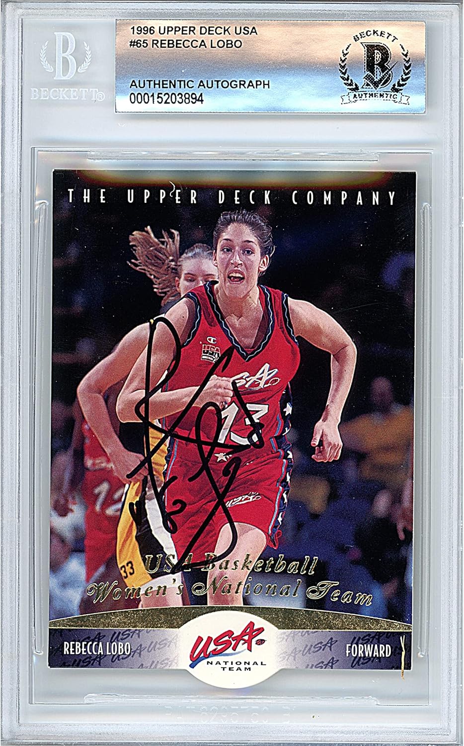 Rebecca Lobo Autographed 1996 Upper Deck Team USA Olympics Die Cut Insert #65 Basketball Trading Card Beckett BAS Slabbed COA Played For UConn Huskies NCAA