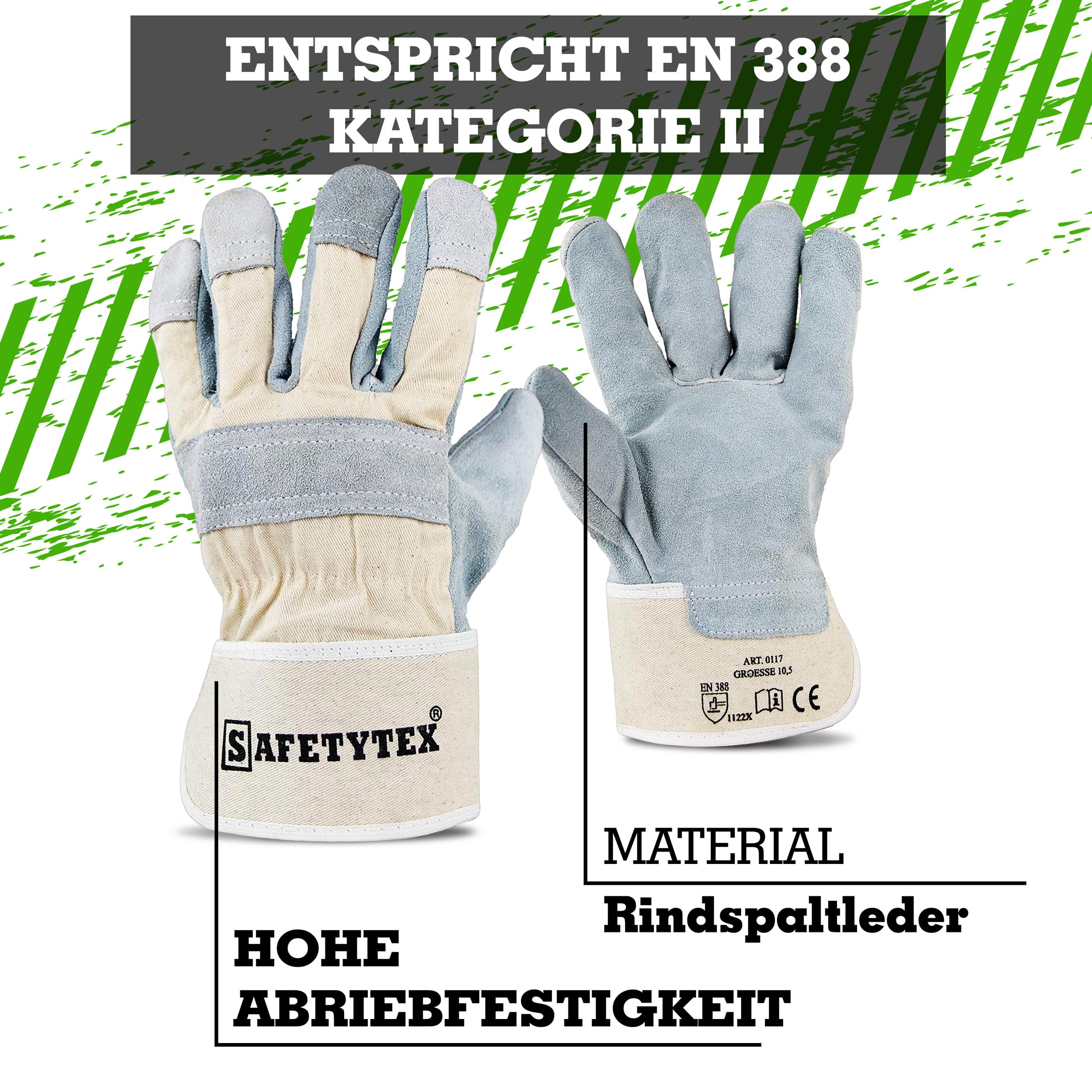 Safetytex Leder Arbeitshandschuhe - Rindspaltleder Handschuhe - Profi Rindspalt Handschuhe mit Canvas Stulpe - Verstärkte Fingerkuppen & Knöchelschutz - Größe 10,5 - Menge wählbar (60 Paar)