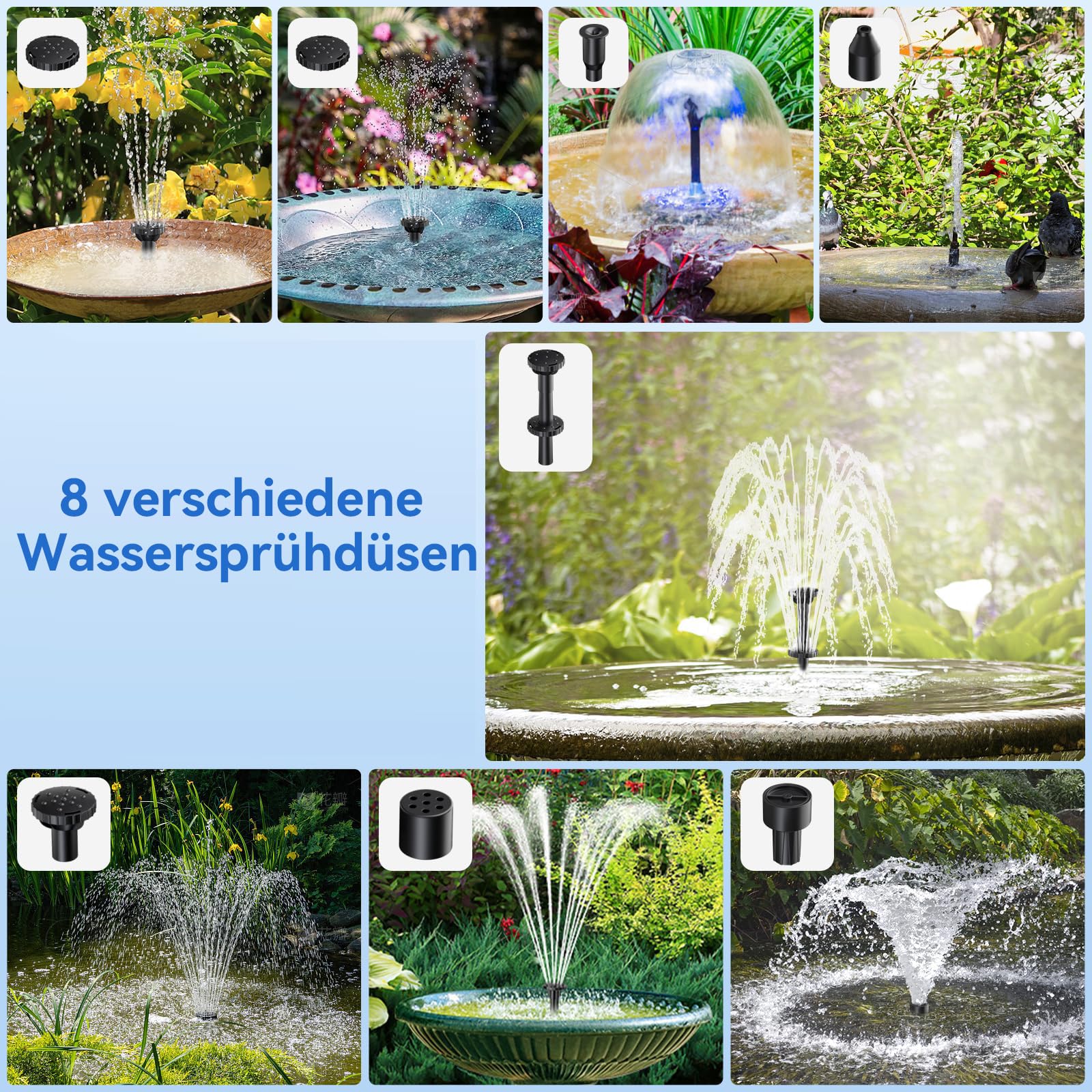 POPOSOAP Solar Springbrunnen für Außen, 6,5W Teichpumpe Solar mit verbessertem Trockenlaufschutz und doppellagigen Düsen, 1,5 m Schlauch für Teich, Vogelbad, Gartenwasserspiel