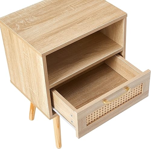 Miniatura 5 de Juego de mesa de madera de 3 piezas para sala de estar, incluye 1 mesa auxiliar de ratán bohemio y 2 mesas auxiliares, mesa auxiliar moderna y