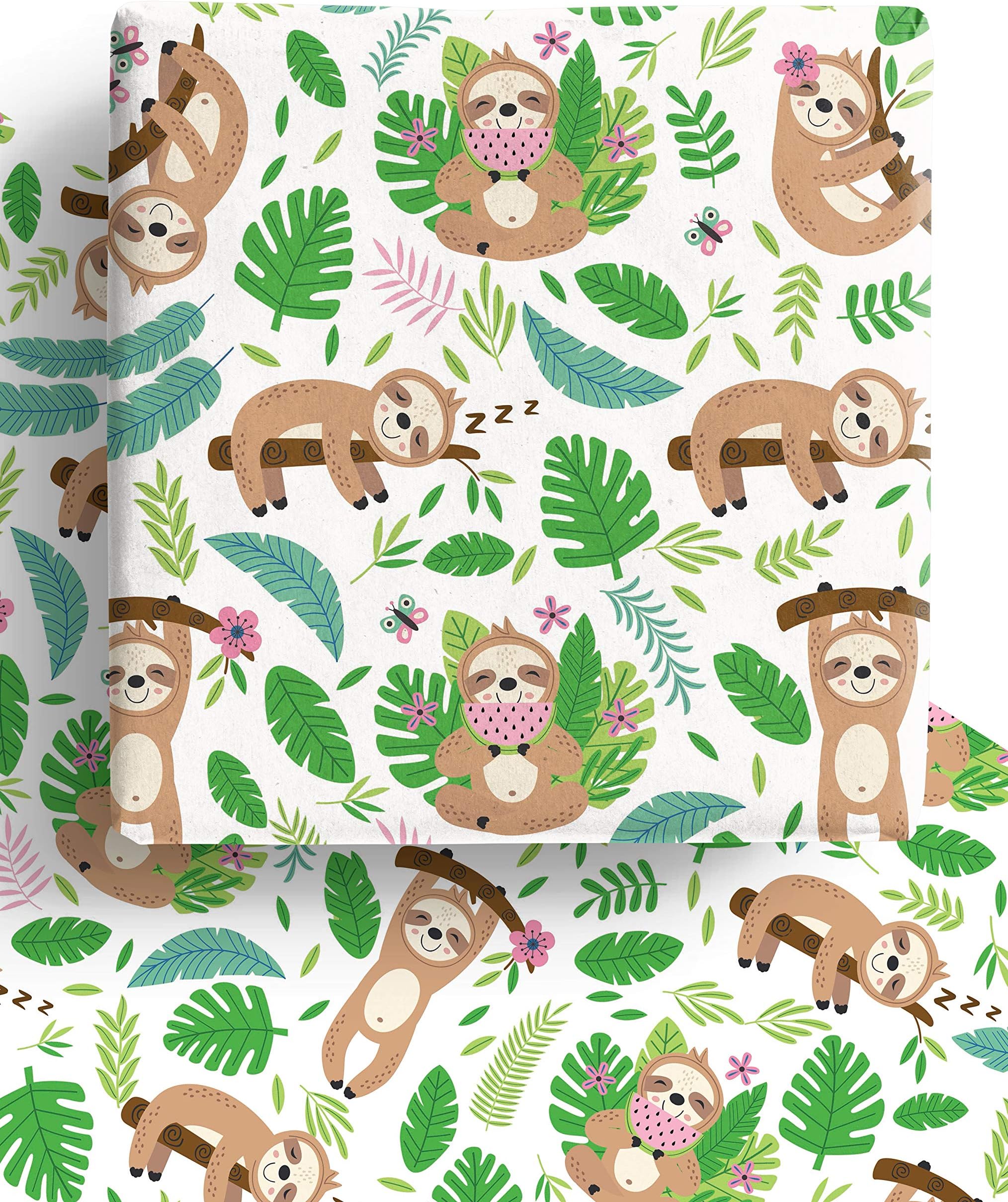 4 x Cute Sloth Eco Wrapping Paper Sheets - 70cm x 50cm - Premium Recyclable Gift Wrap Made in the UK