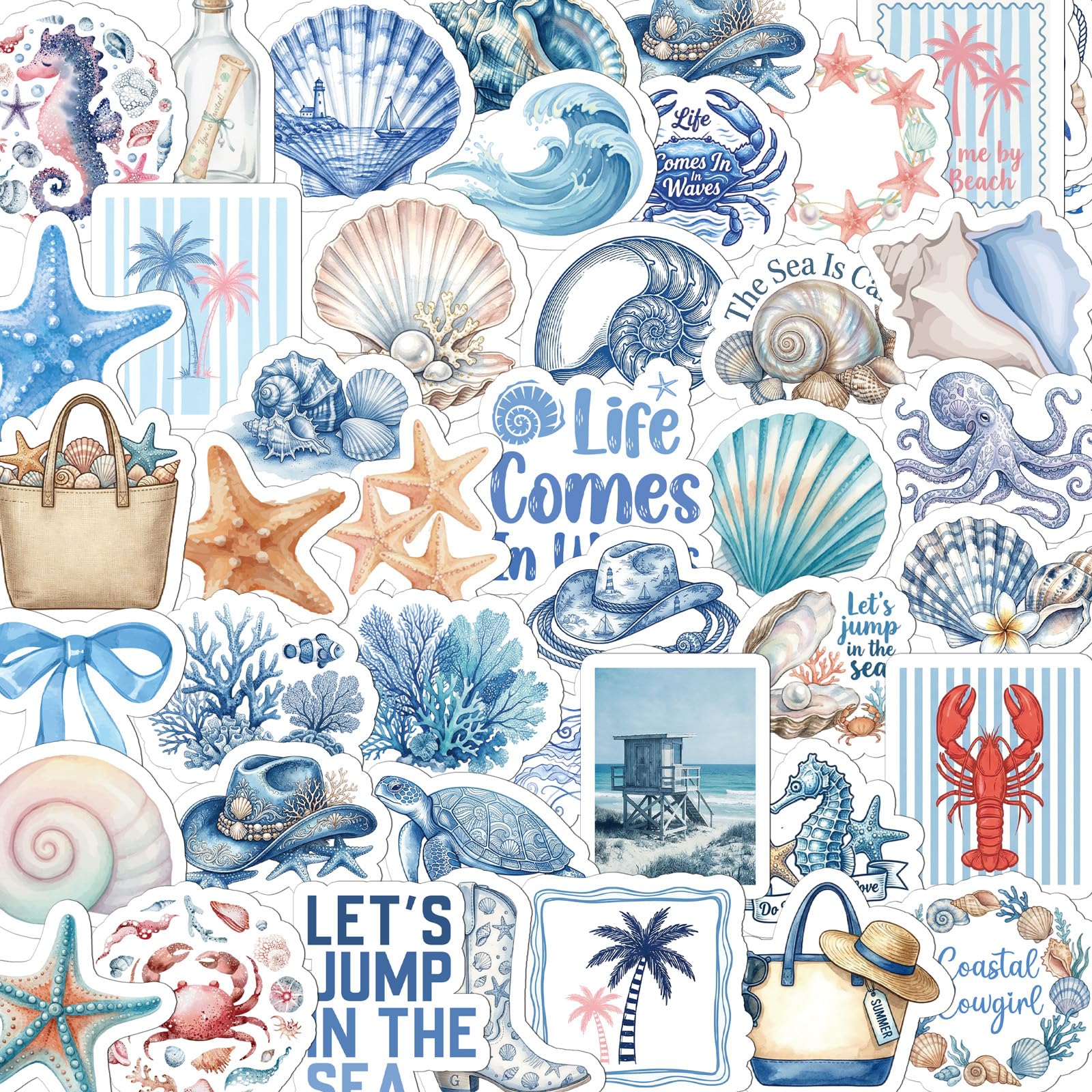 Eiapadeor Aesthetic Beach Coastal Stickers - 100 Pcs Blue Ocean Stickers for Water Bottles Scrapbook, Summer Beachy Sticker for Women, Waterproof Cute Sticker for Laptop Skateboard Journal