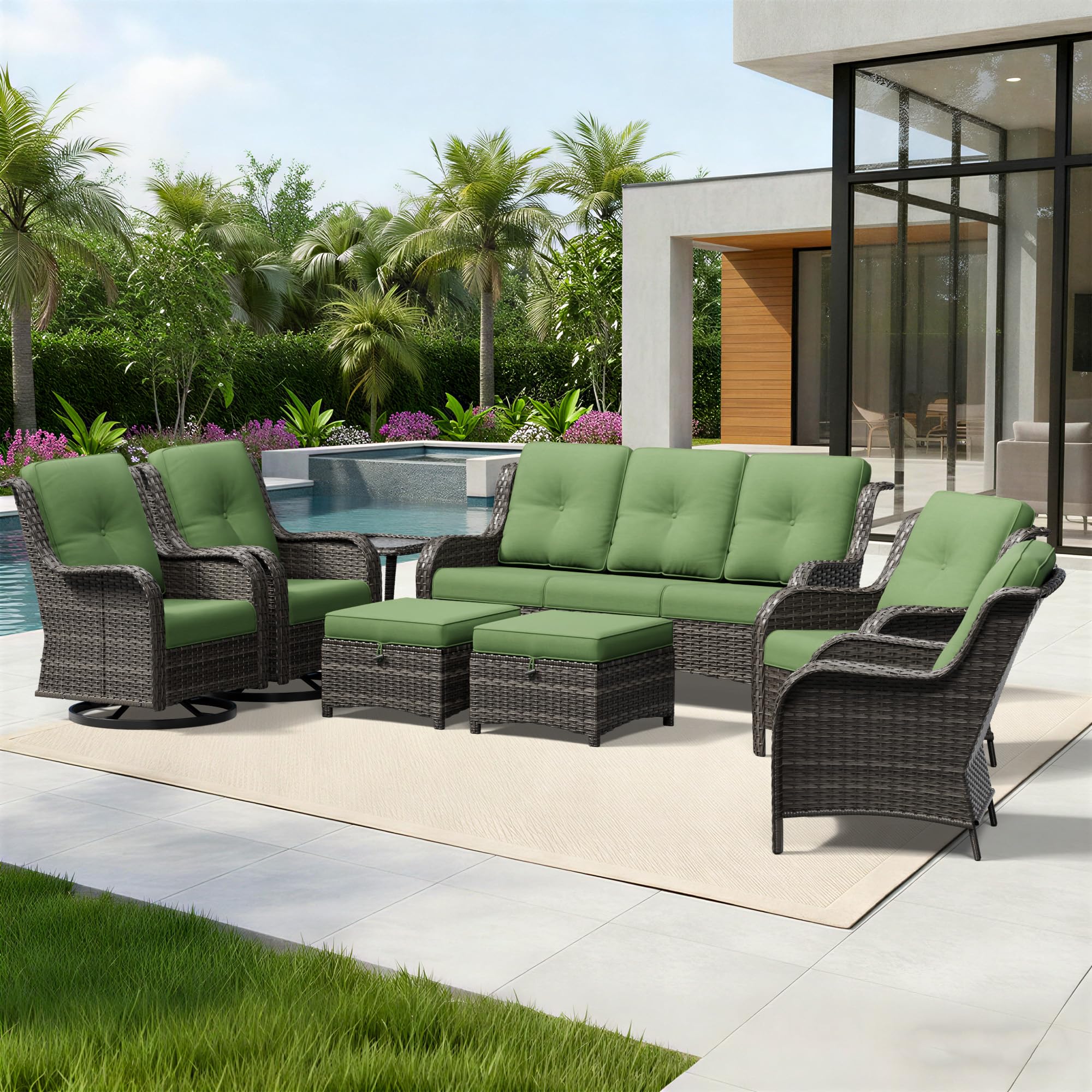 Joyside 8 Piece Wicker Patio Furniture Set, Outdoor Swivel Rocker Patio Chairs with High Back, Deep Seating, Wide Armrest, Thickened Cushions, Outdoor Furniture for Deck, Porch Use