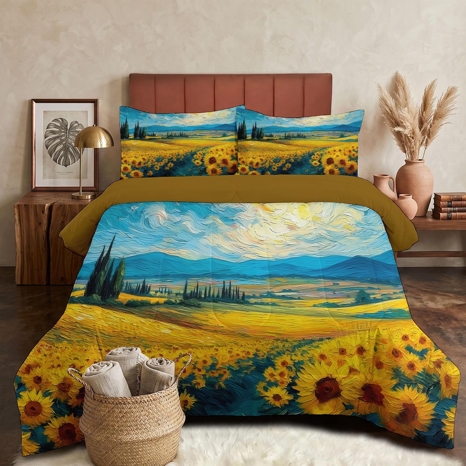 Rural Flowers Comforter Set King Size, Beautiful Sunflower Field Bedding Set for Girls Boys, Bright Yellow Quilt Bed 104"X90" Bedding Comforter Sets with 2 Pillowcase Room Decor