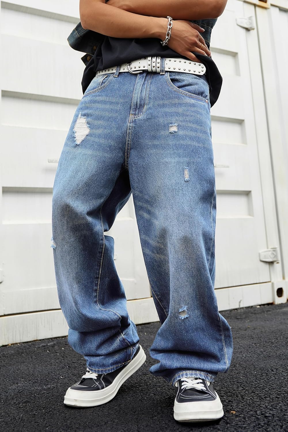 Men's Y2K Ripped Wide Leg Baggy Jeans - Loose Fit Hip Hop Denim Pants Casual Streetwear Trousers - Image 3