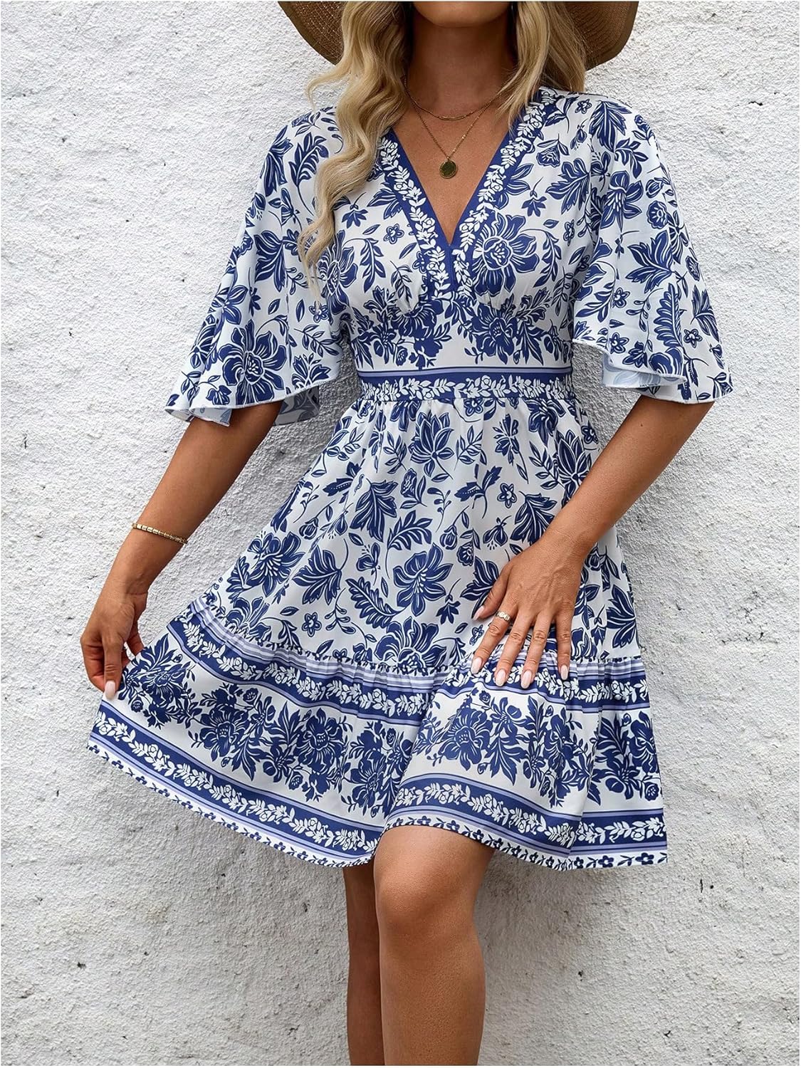 Floerns Women's Floral A Line Dress Butterfly Sleeve V Neck Beach Vacation Short Dresses - Image 4