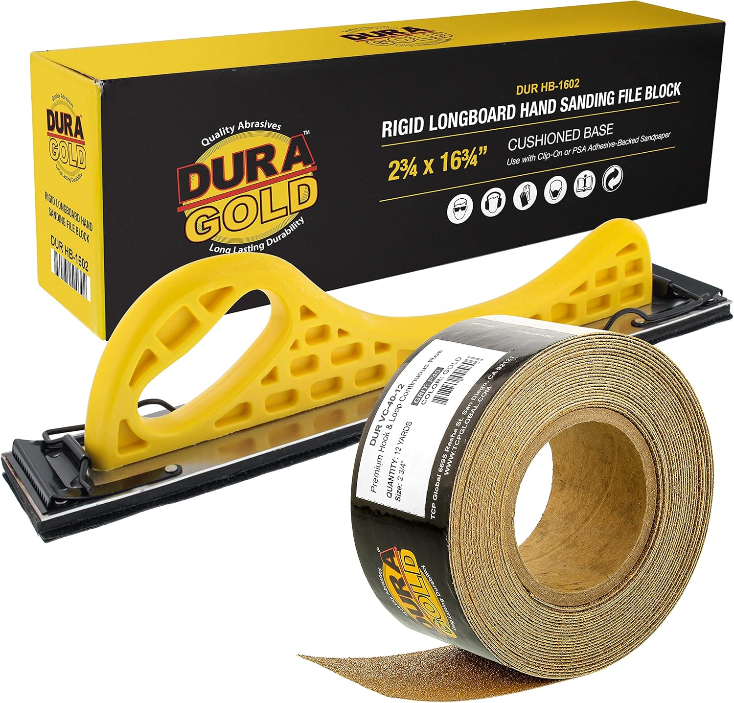 Dura-Gold Pro Series Longboard Hand Sanding File Sander Block - Hook & Loop Backing and PSA Backing Adapter Pad & 40 Grit PSA Longboard Sandpaper 12 Yard Roll, 2-3/4" Wide
