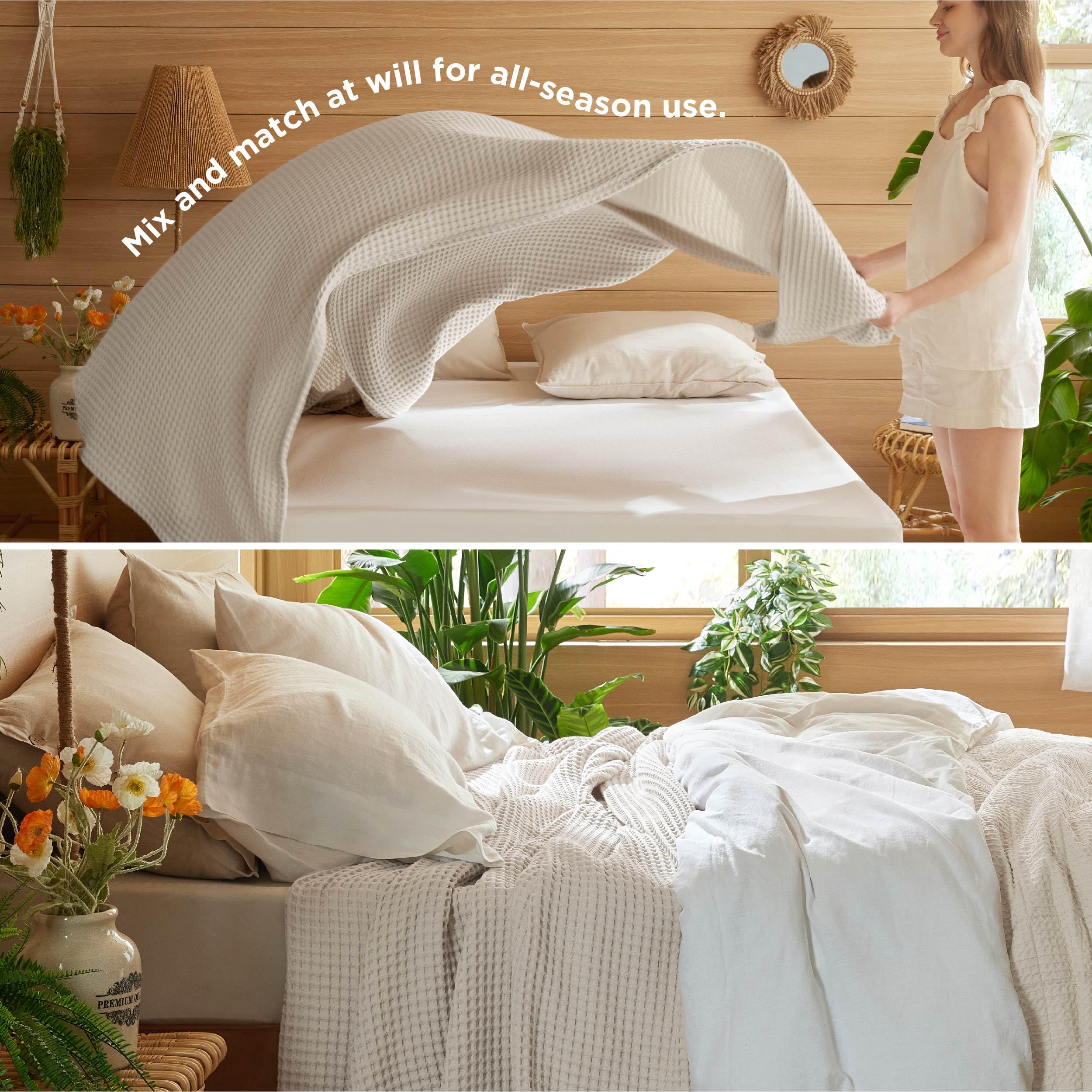 Manta de algodón 100% tamaño Queen, manta ligera de verano para cama, tejido fino y transpirable, ropa de cama de punto gofre, regalos para dormitorio, hotel, hospital, lino beige, 90 x 90 4