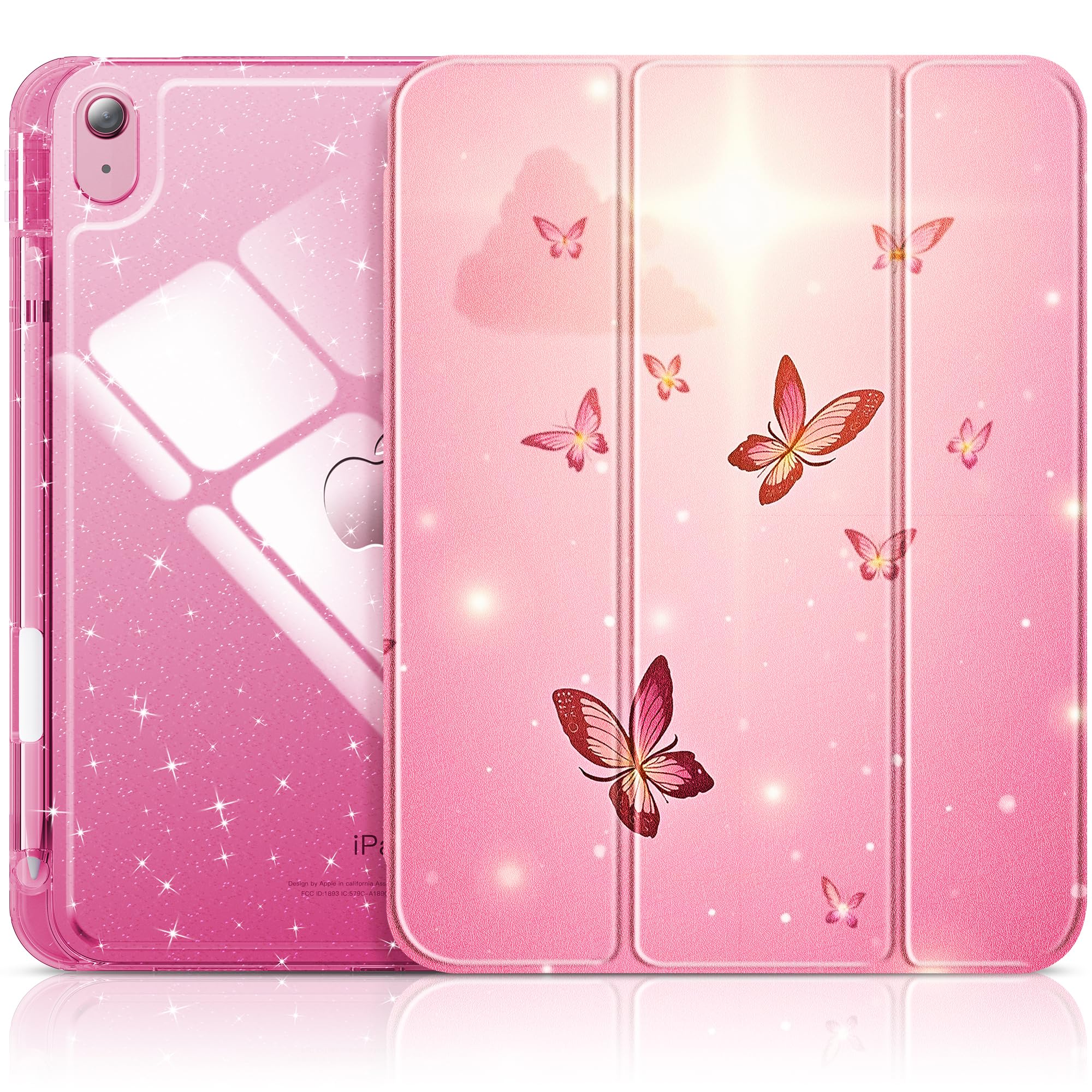 INFILAND Hülle für iPad (A16) 11./10. Generation (2025/2022), Glitzer Stoßfeste Case Cover mit Glänzende, Durchsichtige Rückseite Schutzhülle (Pink Flutter)