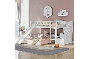 Twin Over Twin Bunk Bed with Slide, Solid Wood Low Bunk Bed for Kids