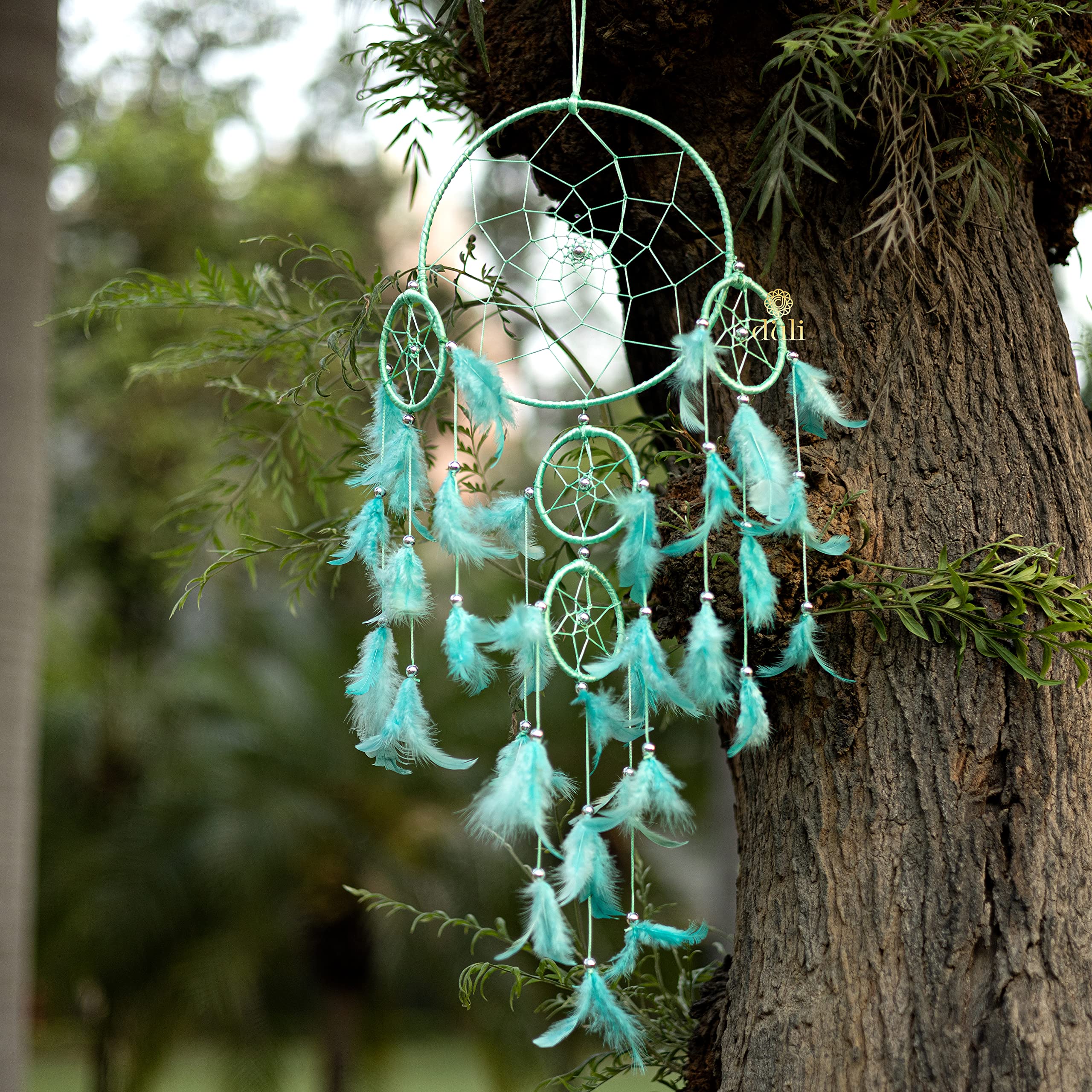 DULI Dream catcher Wall Hanging for Bedrooms, Home Decor Wall Hanging Design, Children;s Room, Nursery, Garden, Restaurants, Cafe, & Party, Dreamcatcher Wall Art Decorative Height 75 cm (5RingDC-Aqua)