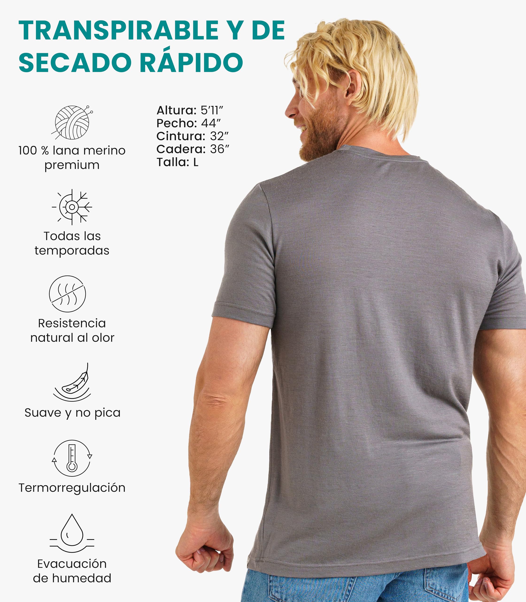 Merino.tech Camiseta Lana Merino Hombre - 100% Lana Merino con Calcetines (Large, Gray)