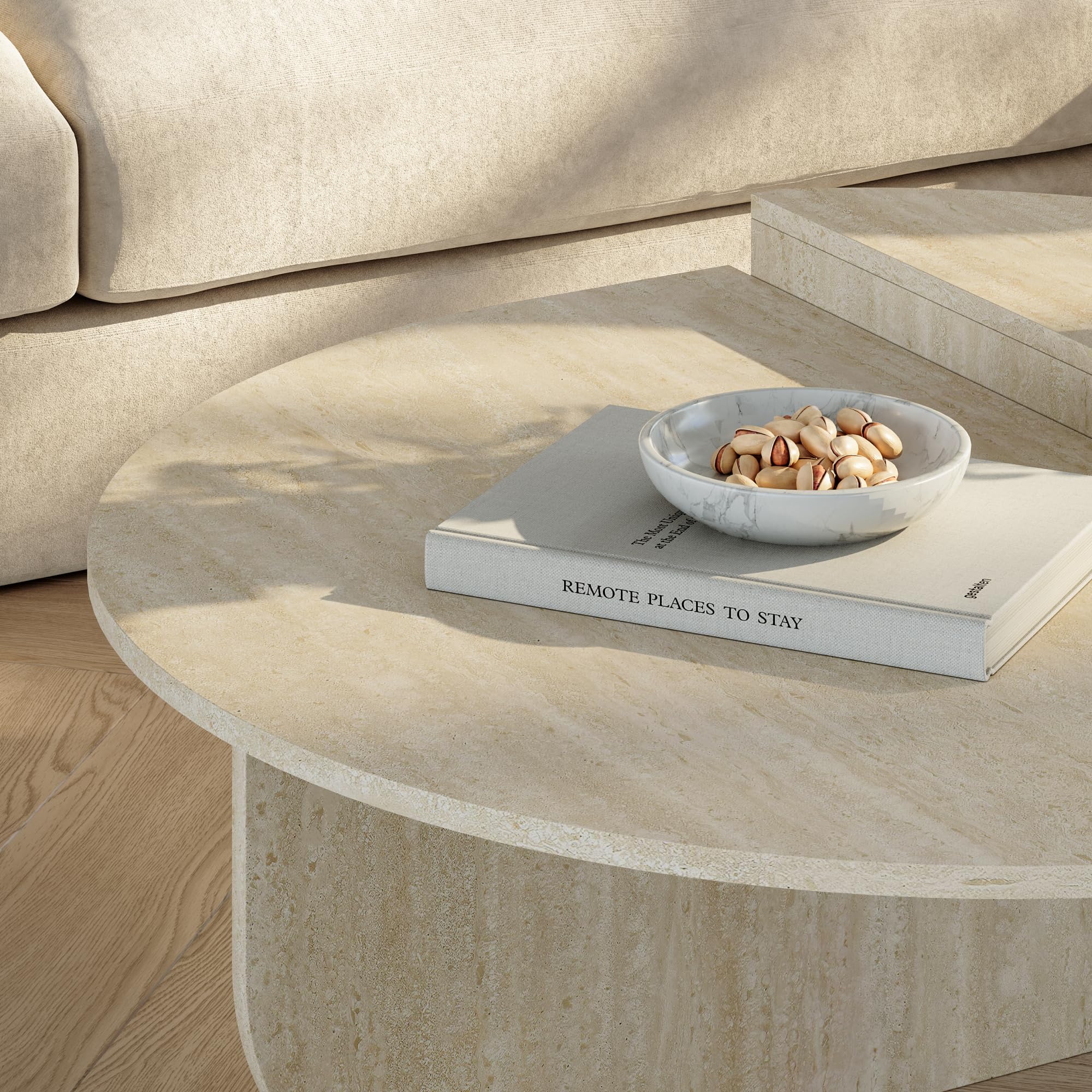 [en.casa] Mesa de Centro Tondesdaslo Tablero Doble Semicircular Mesita de Café Mesa Auxiliar de Sofá Salón Despacho 90 x 90 x 35 cm - Travertino