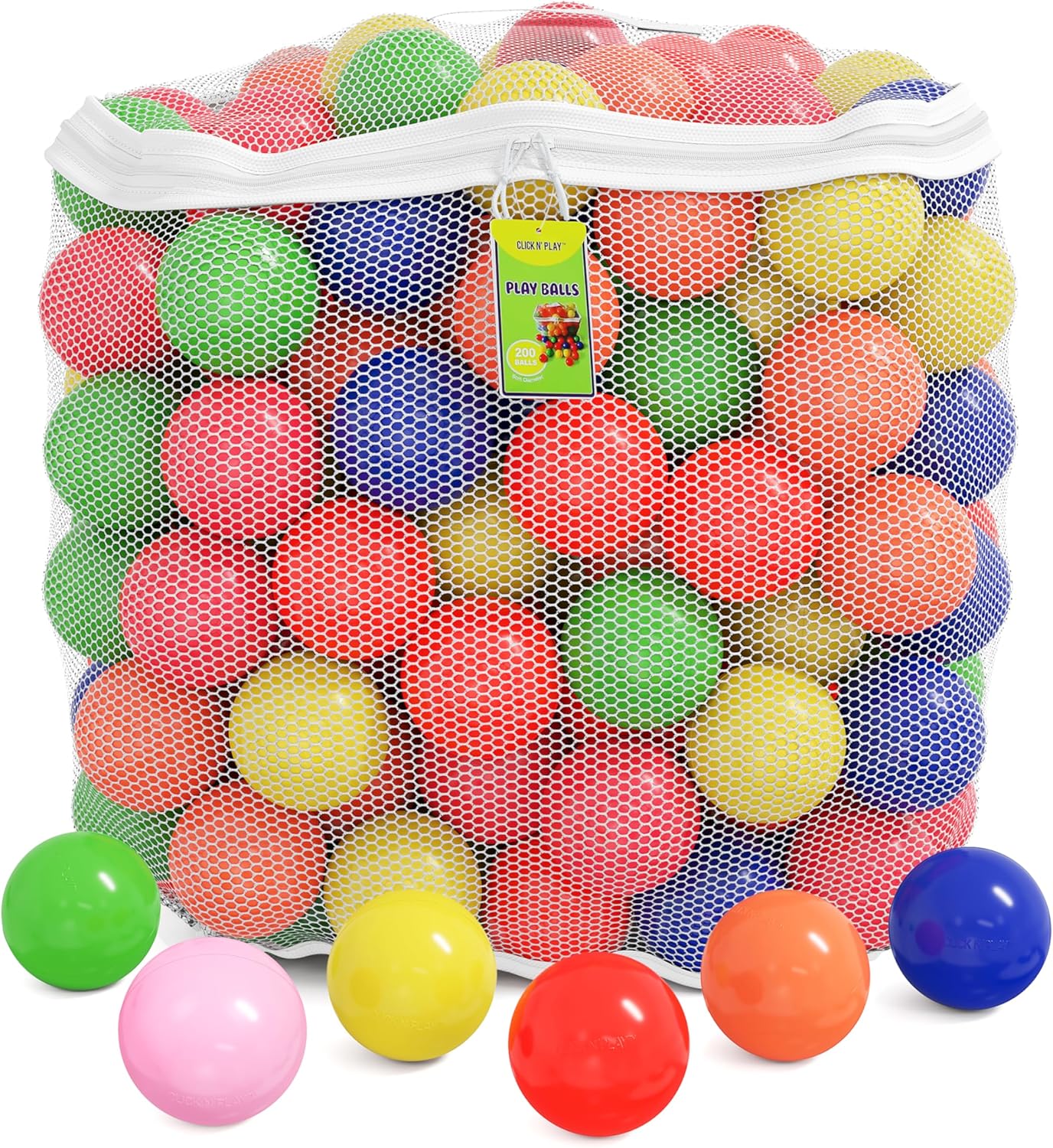 Click N' Play Ball Pit Balls for Kids, Plastic Refill Balls, 200 Pack, Phthalate and BPA Free, Includes a Reusable Storage Bag with Zipper, Bright Colors, Gift for Toddlers and Kids Bright 200 Count