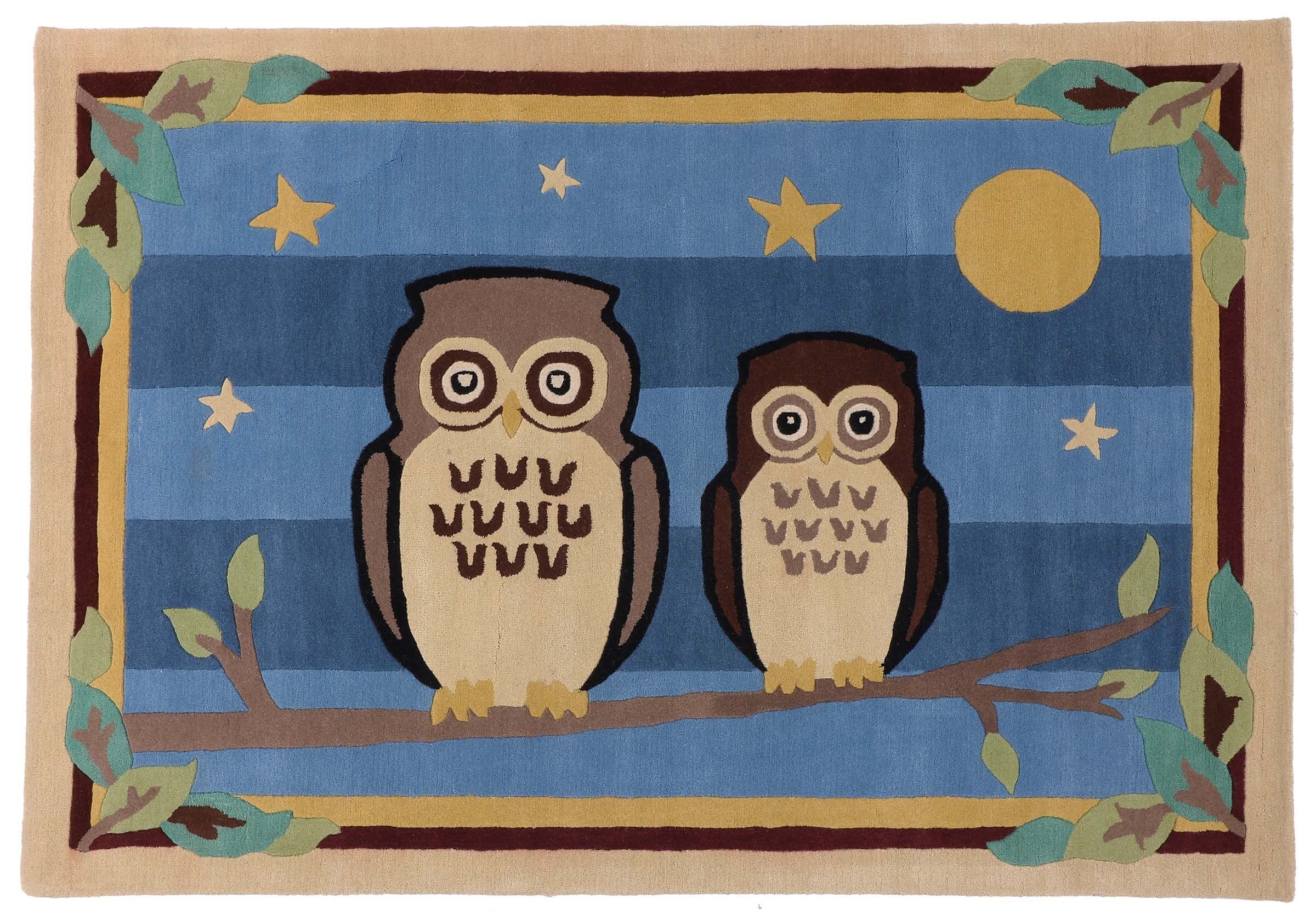Tapis en laine fait main moderne chouette bleu 170 x 240 cm de salon
