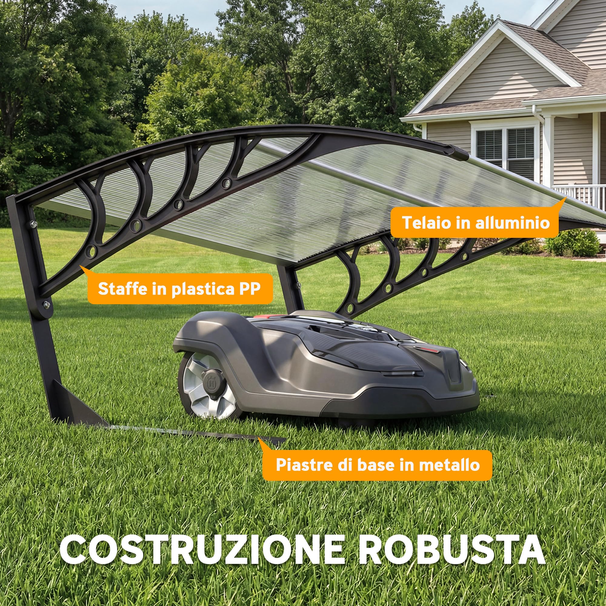 Outsunny Garage per Robot Tagliaerba con Struttura in Alluminio, Copertura Robot Tagliaerba in PC per Protezione da Pioggia, Neve e Raggi UV 30+, 100x81x43 cm, Bianco