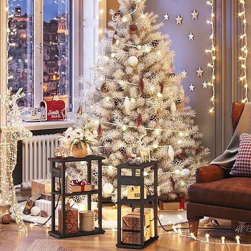 Miniatura 2 de TUTOTAK Mesa auxiliar pequeña y estrecha con estación de carga, juego de 2 mesas auxiliares delgadas para espacios pequeños, mesita de noche delgada