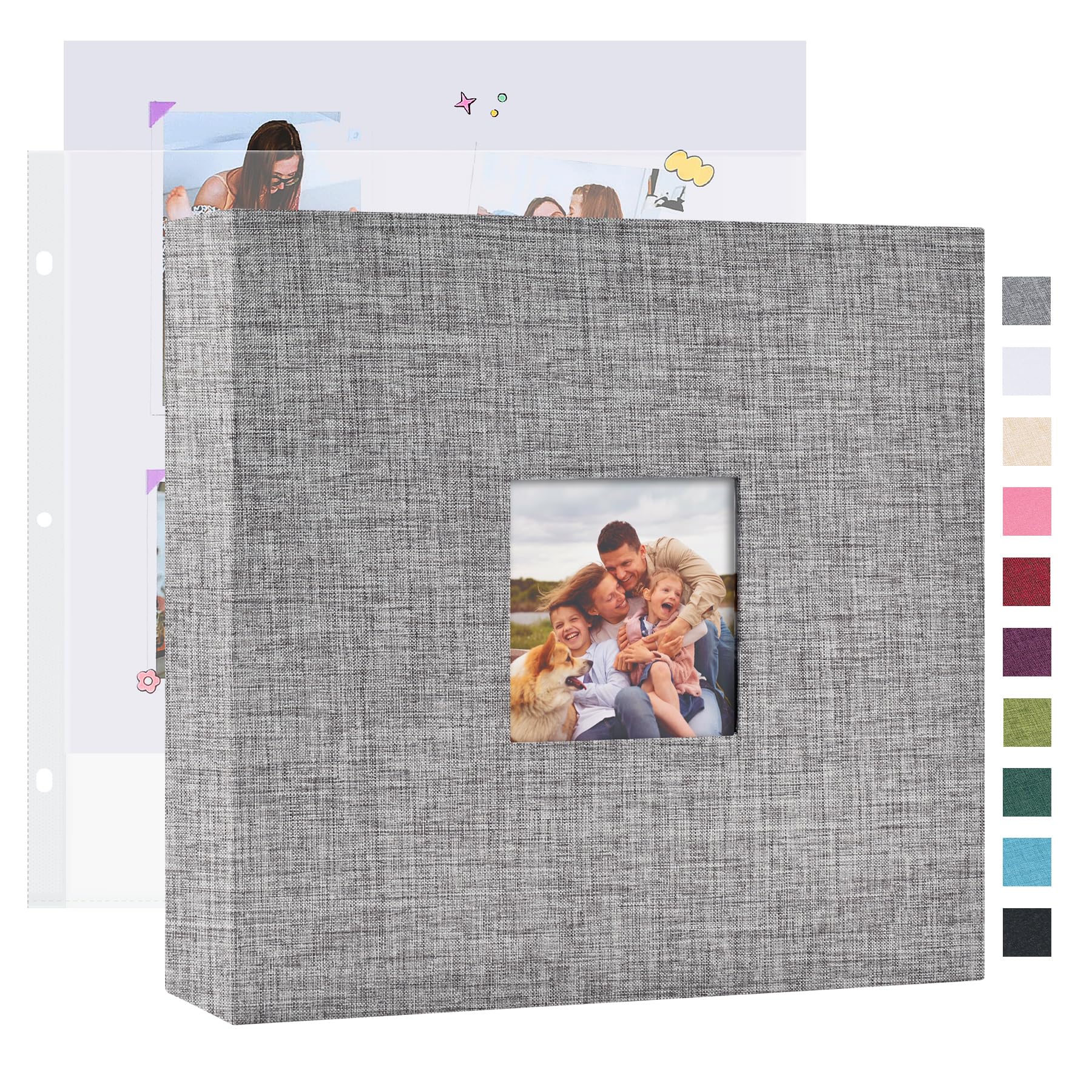 Mublalbum 10x10 DIY Photo Album with 40 Plastic Covers, Linen Cover, 3 Rings, Binder for Wedding, Baby, Family and DIY Projects (Gray)