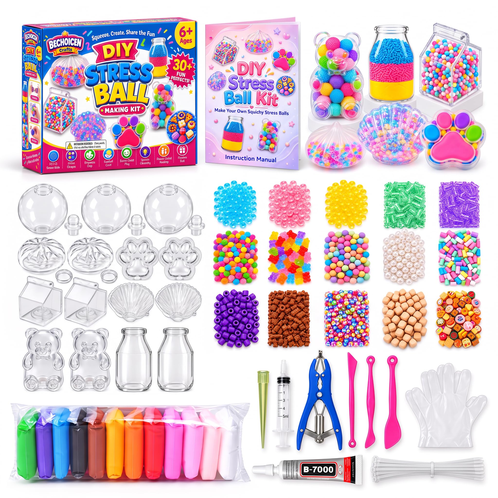 Kit fai da te per creare palline antistress, kit per creare squishy con 15 pelli TPR in 7 forme, argilla di 12 colori, 15 riempitivi croccanti, pompa ad aria, colla e cravatte, regali artistici e