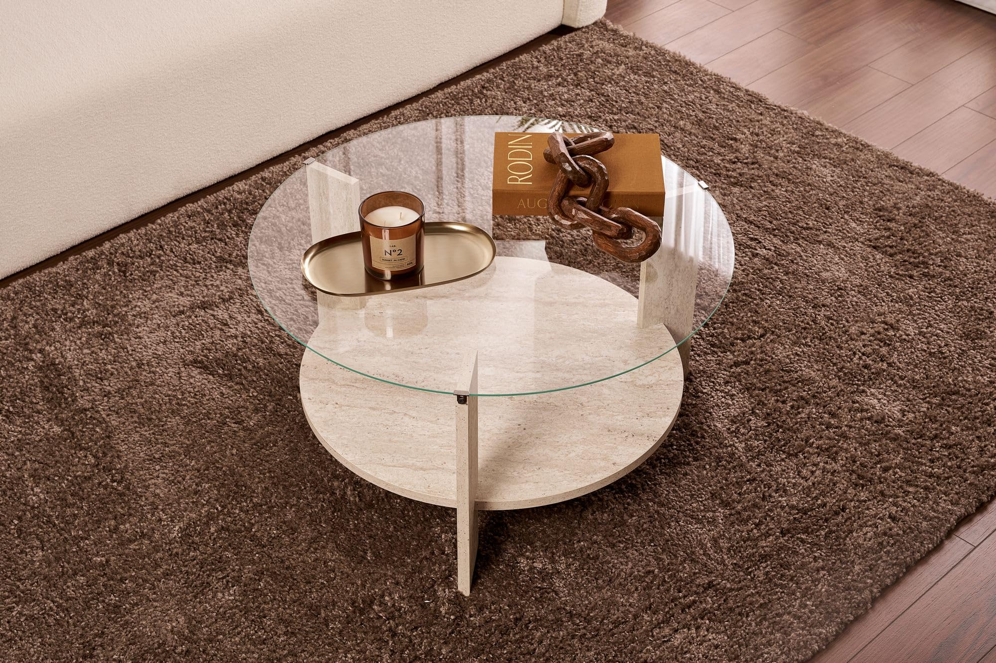Hanah Home Stilvoller Couchtisch, 75 x 75 x 40 cm | 100% Sicherheitsglas & melaminbeschichtete Spanplatte | Elegantes Design in Travertin & Transparent für Moderne Wohnräume