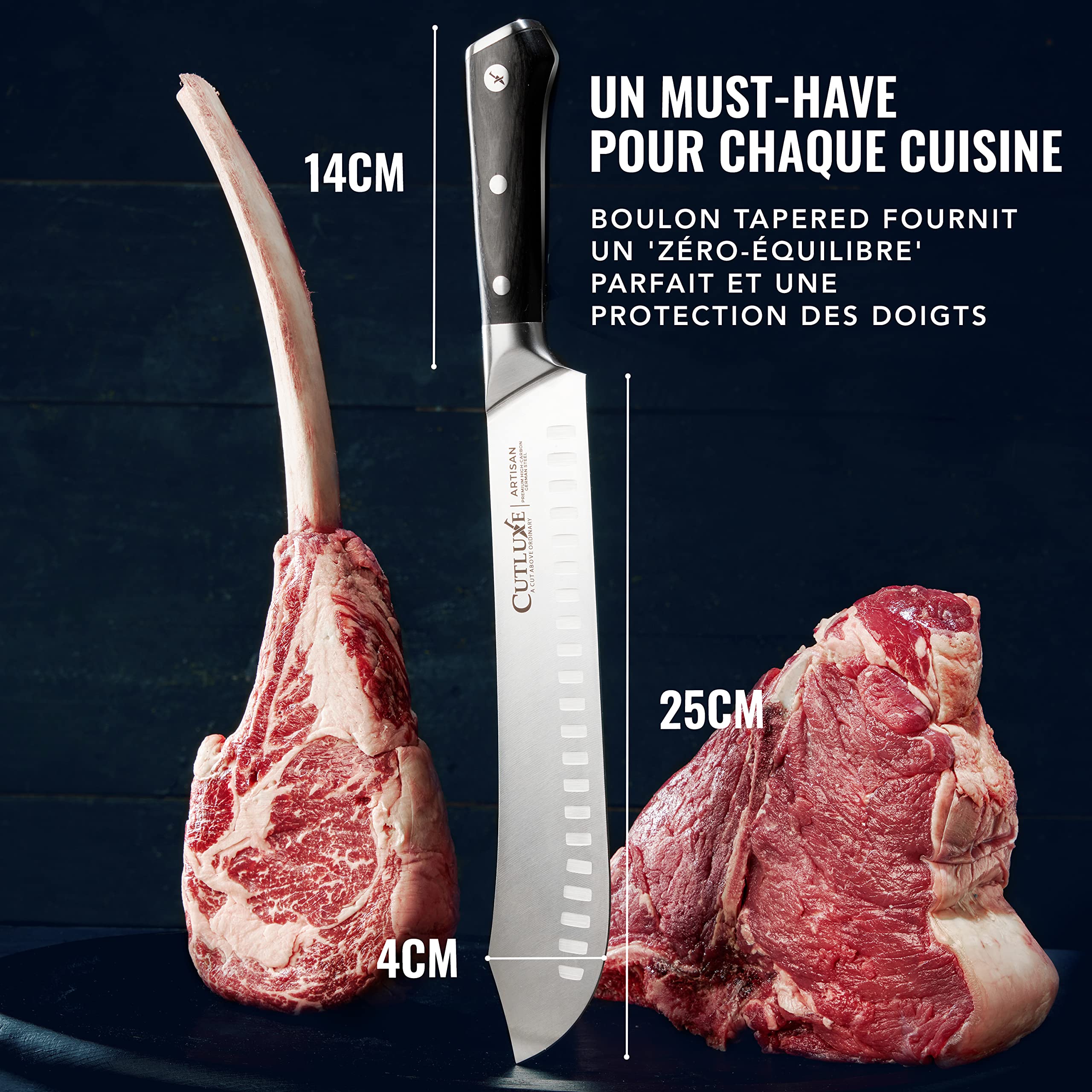 Cutluxe Couteau de Boucher Bullnose - Couteau a Viande 25cm - Acier Allemand à Forte Teneur en Carbone - Couteaux de Chef Professionnel Tang Complet - Série Artisan