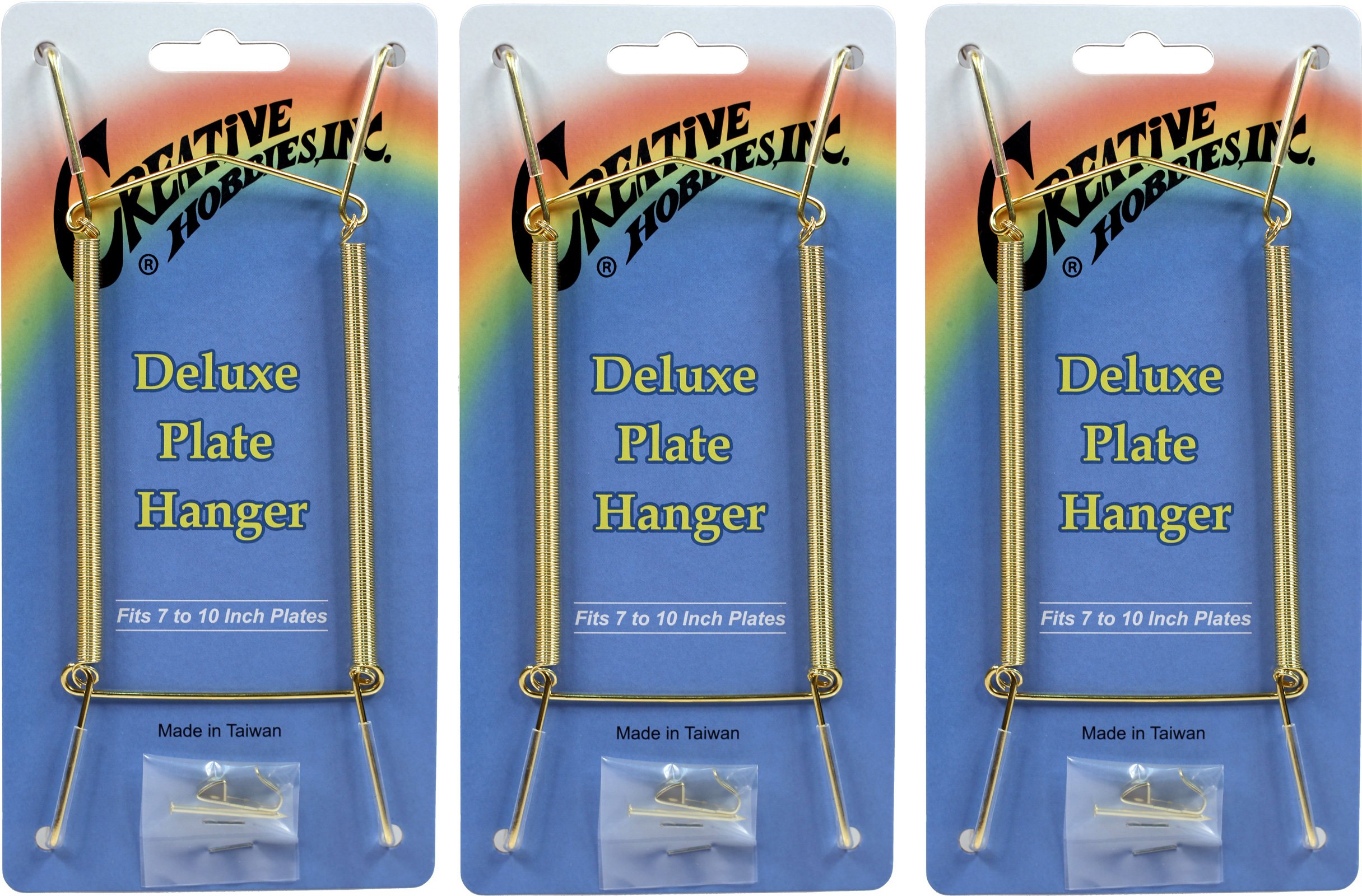 creative hobbies deluxe plate display hangers spring style - assembled amp ready to use - holds 7 to 10 inch plates gold wire spring type hanger hooks amp nails included - pack of 3
