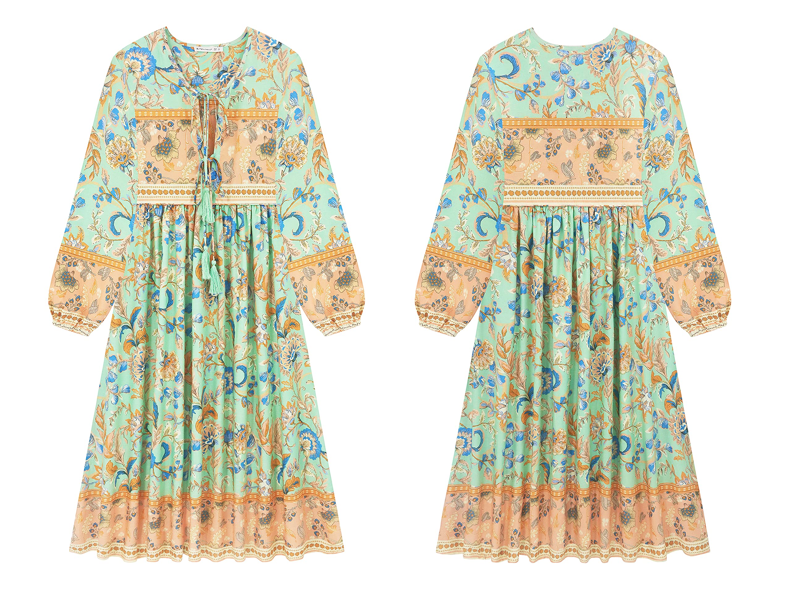 R.Vivimos Damen Beiläufig Bohemien Drucken Krawatte Langarm Strand Stil Lang Midi Urlaub Kleid