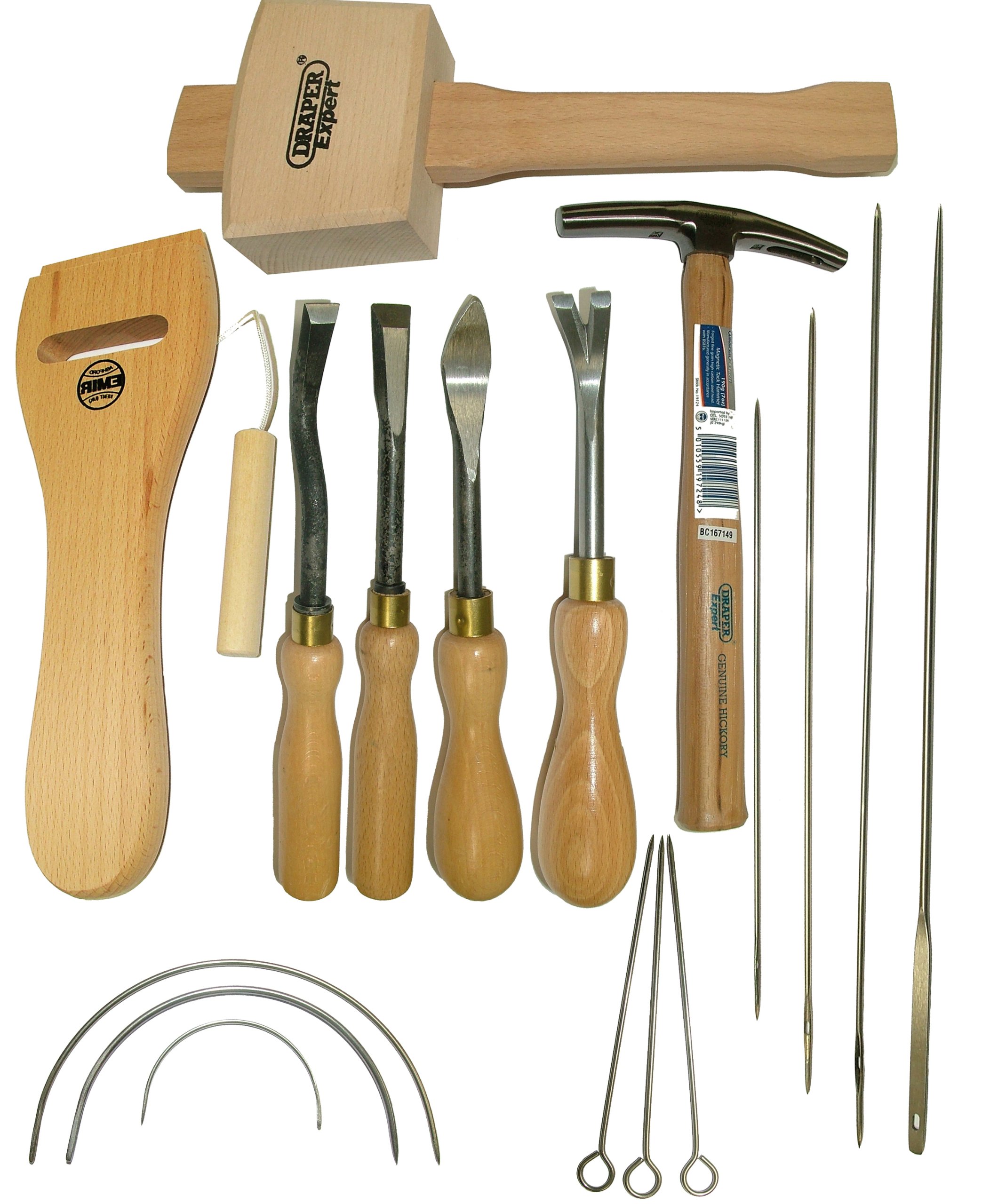 Tack Lifter, Staple Lifter, Bent & Straight Ripping Chisel, 7oz Draper Hammer, Web Stretcher, Mallet + Needle Kit Upholstery Kit