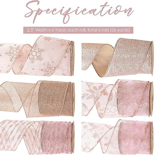 Miniatura 2 de HUIHUANG Cinta de Navidad con alambre de 2.5 pulgadas, cinta de oro rosa para árbol de Navidad, cintas rosadas para envolver regalos, decoraciones